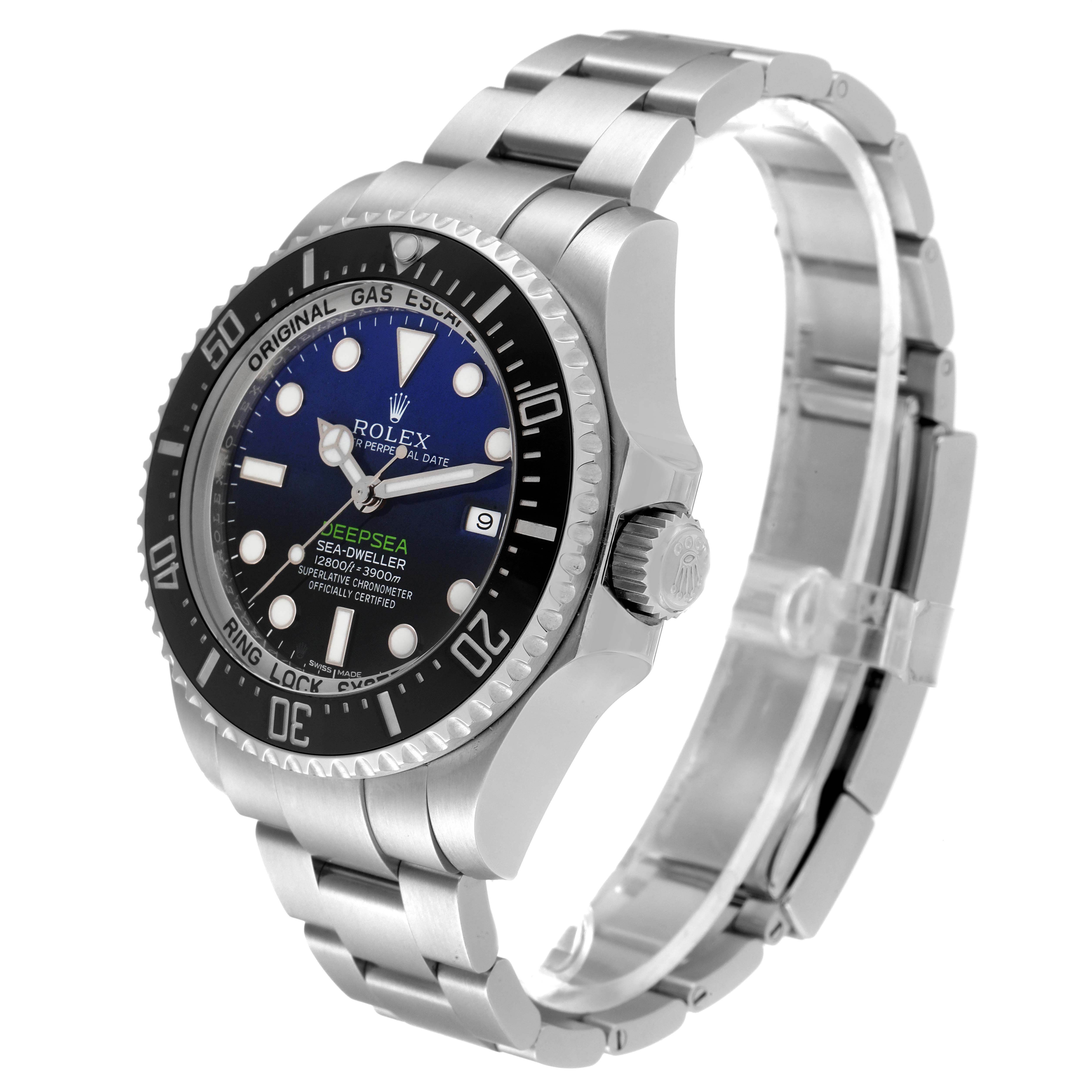 The Rolex Sea-Dweller 116660 Men
s Stainless Steel Blue Dial 116660 Men
s Stainless Steel Blue Dial watch is shown at a three-quarter angle, highlighting the face, bezel, crown, and bracelet.