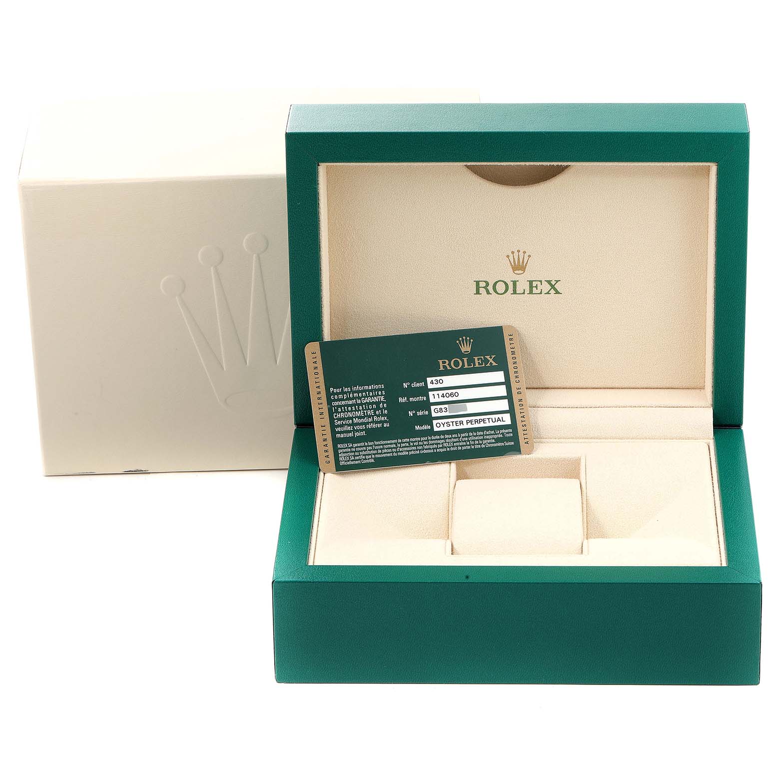 This image shows the packaging and Best Quality
ity card for a Rolex Submariner 114060 Men
s Stainless Steel Black Dial 114060 Men
s Stainless Steel Black Dial, with the watch box open and an outer box beside it.