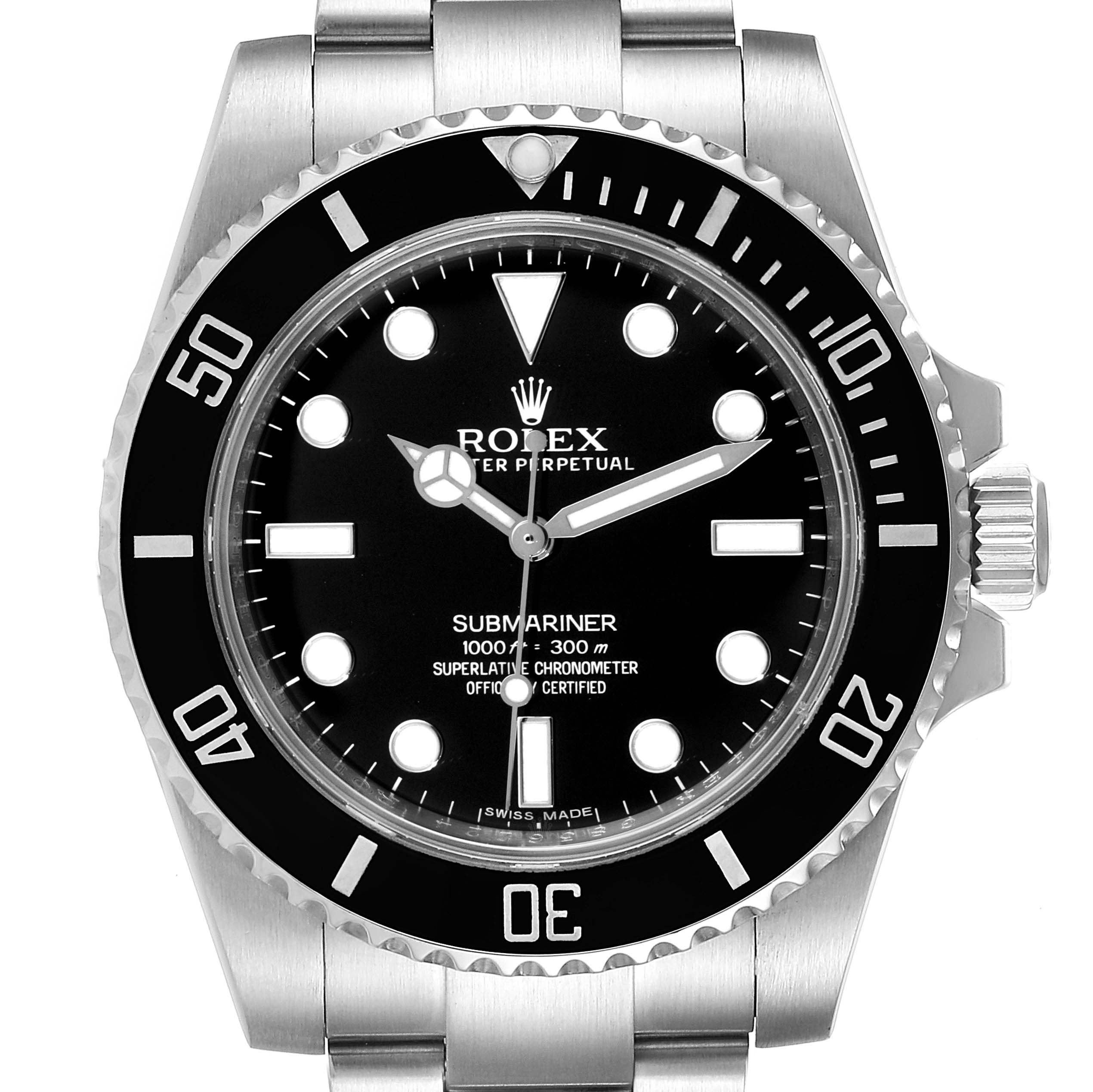 The image shows a frontal view of the Rolex Submariner 114060 Men
s Stainless Steel Black Dial 114060 Men
s Stainless Steel Black Dial watch, highlighting its dial, bezel, and part of the bracelet.