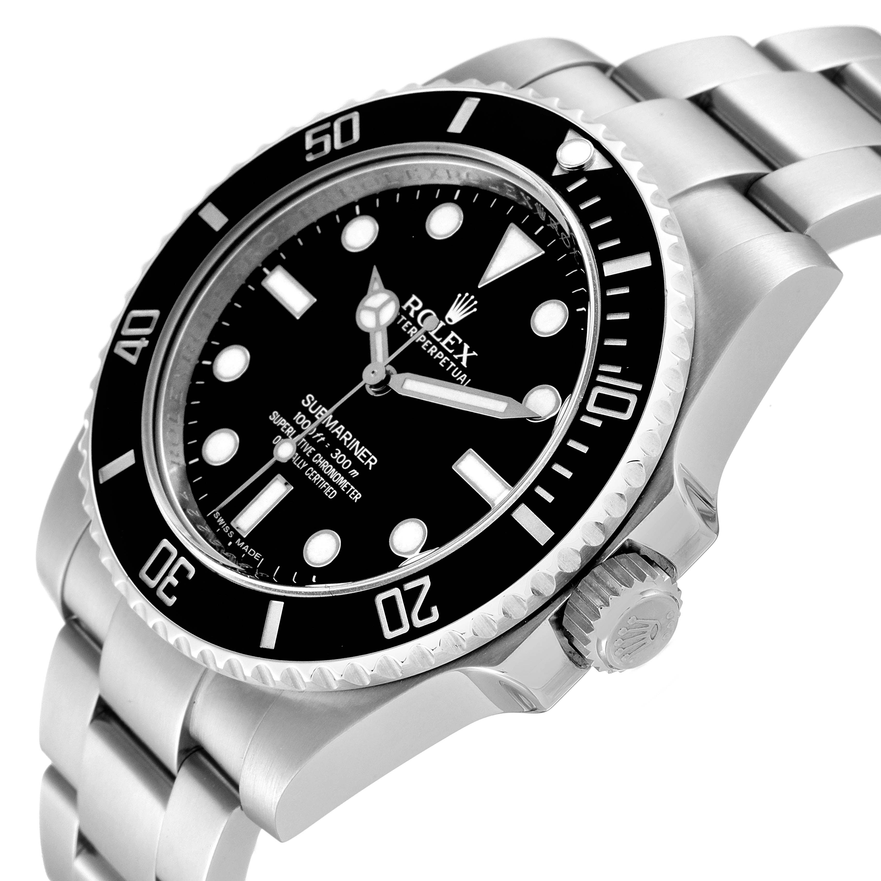 The image shows a Rolex Submariner 114060 Men
s Stainless Steel Black Dial 114060 Men
s Stainless Steel Black Dial watch at an oblique angle, highlighting the bezel, dial, crown, and part of the bracelet.
