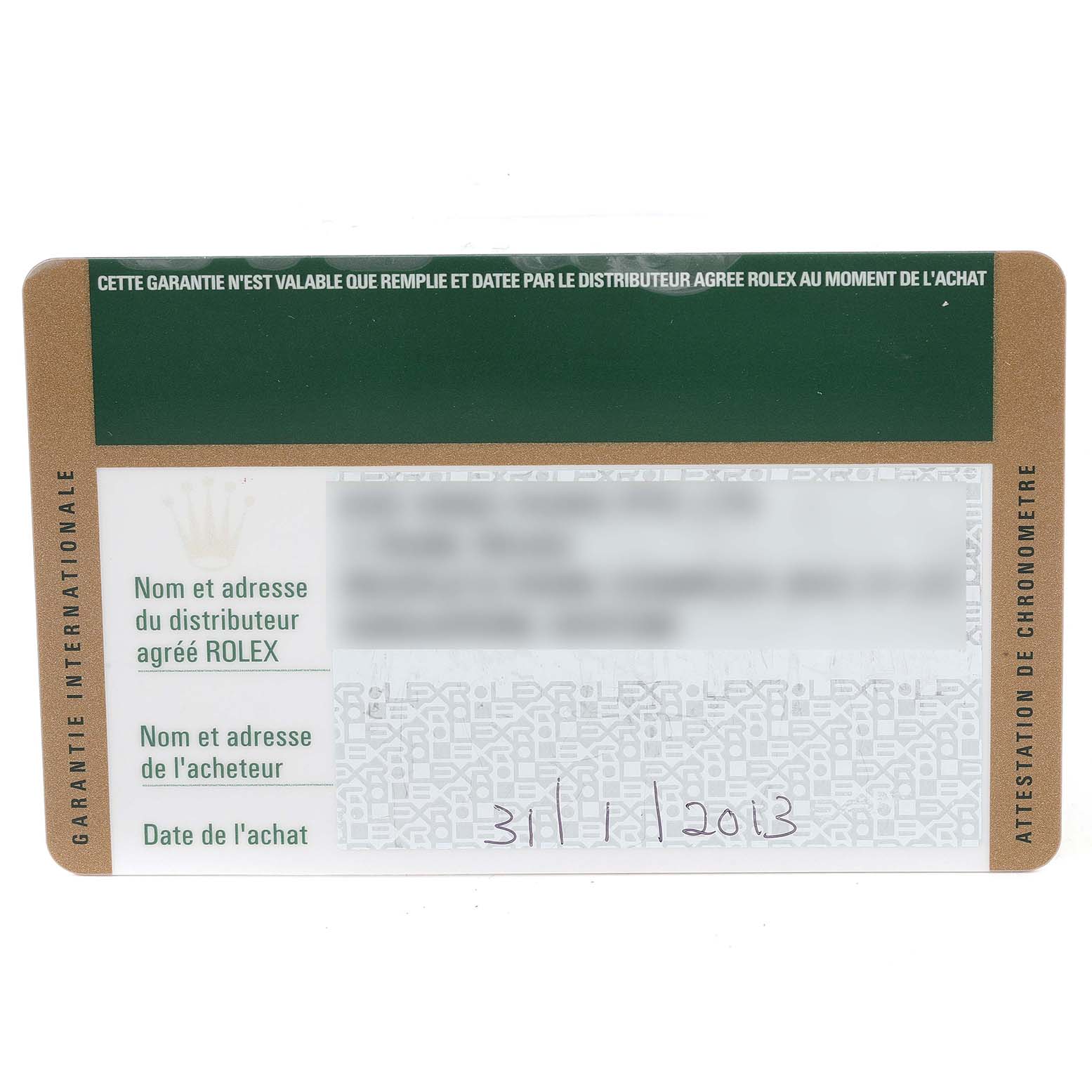 The image shows a warranty card for a Rolex Submariner 114060 Men
s Stainless Steel Black Dial 114060 Men
s Stainless Steel Black Dial watch, displaying dealer and purchaser information.