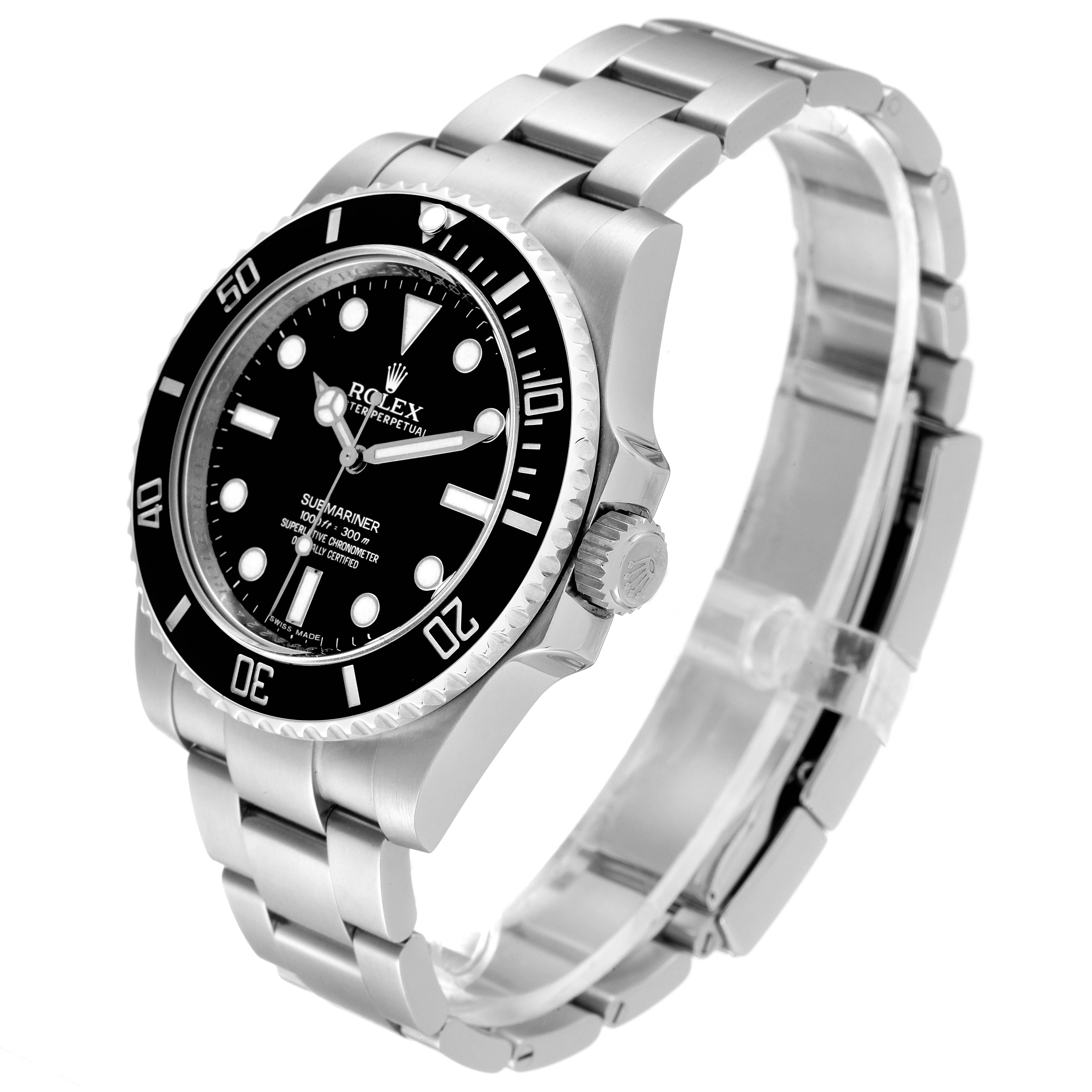 The image shows a side-angle view of a Rolex Submariner 114060 Men
s Stainless Steel Black Dial 114060 Men
s Stainless Steel Black Dial, showcasing its dial, bezel, crown, and bracelet.