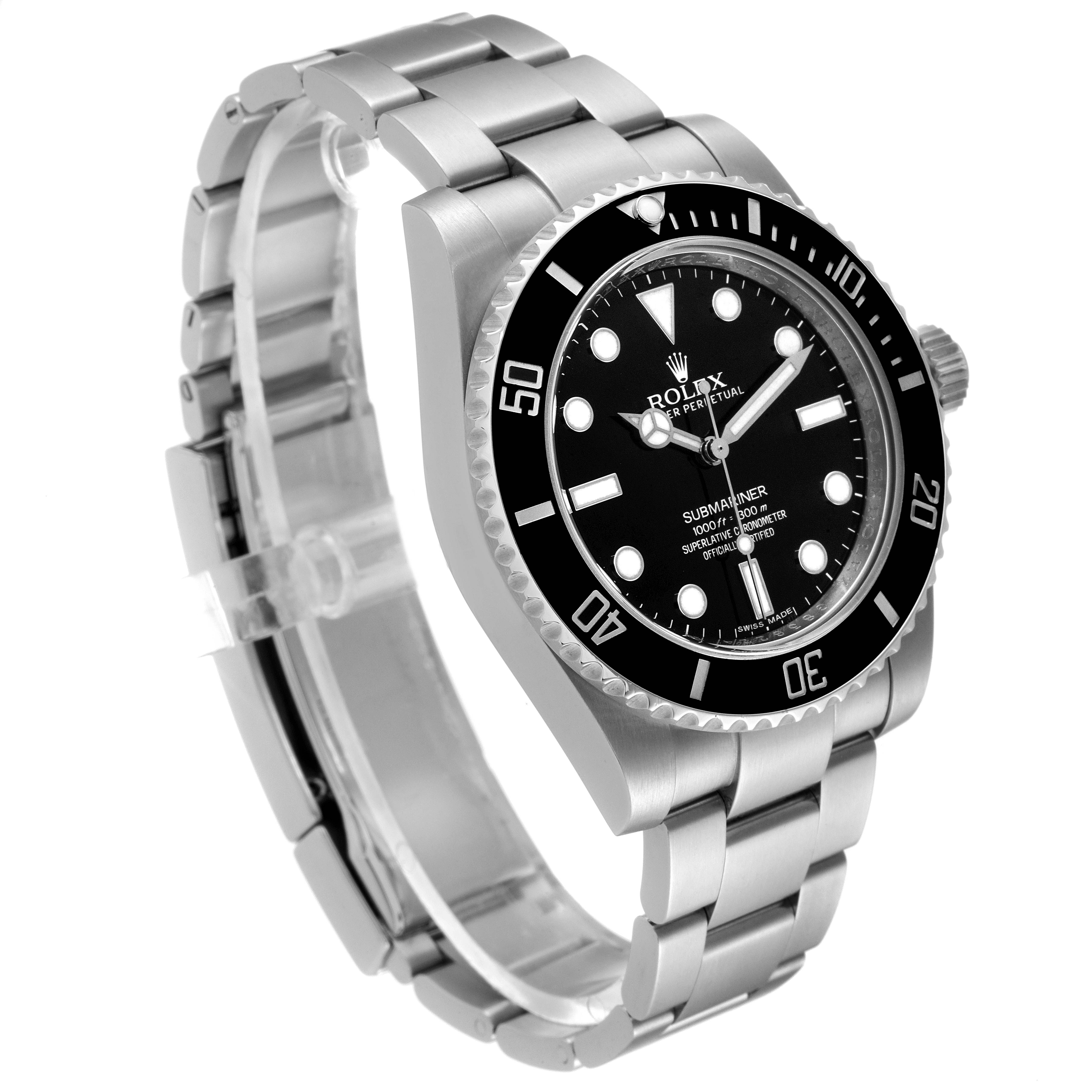The image shows a Rolex Submariner 114060 Men
s Stainless Steel Black Dial 114060 Men
s Stainless Steel Black Dial watch at a slight side angle, highlighting its black dial, bezel, and stainless steel bracelet.