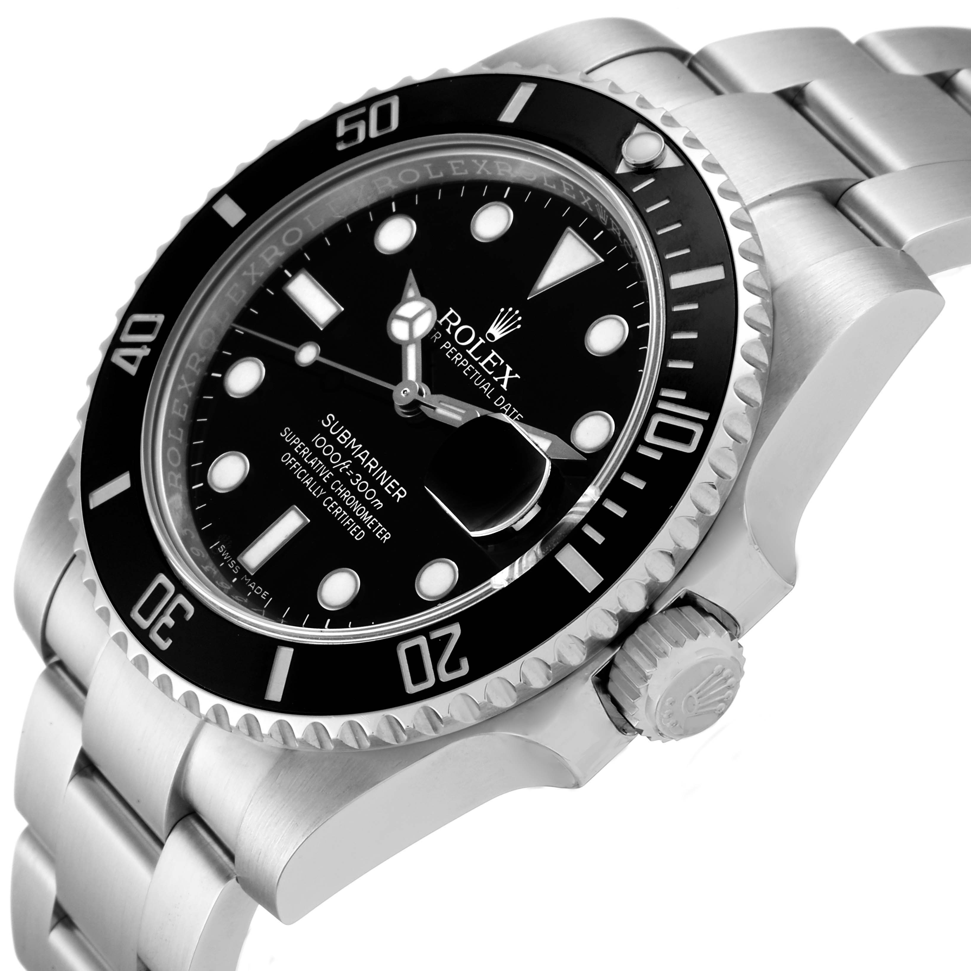 The image shows a close-up angle of the Rolex Submariner 116610LN Men
s Stainless Steel Black Dial 116610LN Men
s Stainless Steel Black Dial, highlighting its bezel, dial, crown, and part of the bracelet.