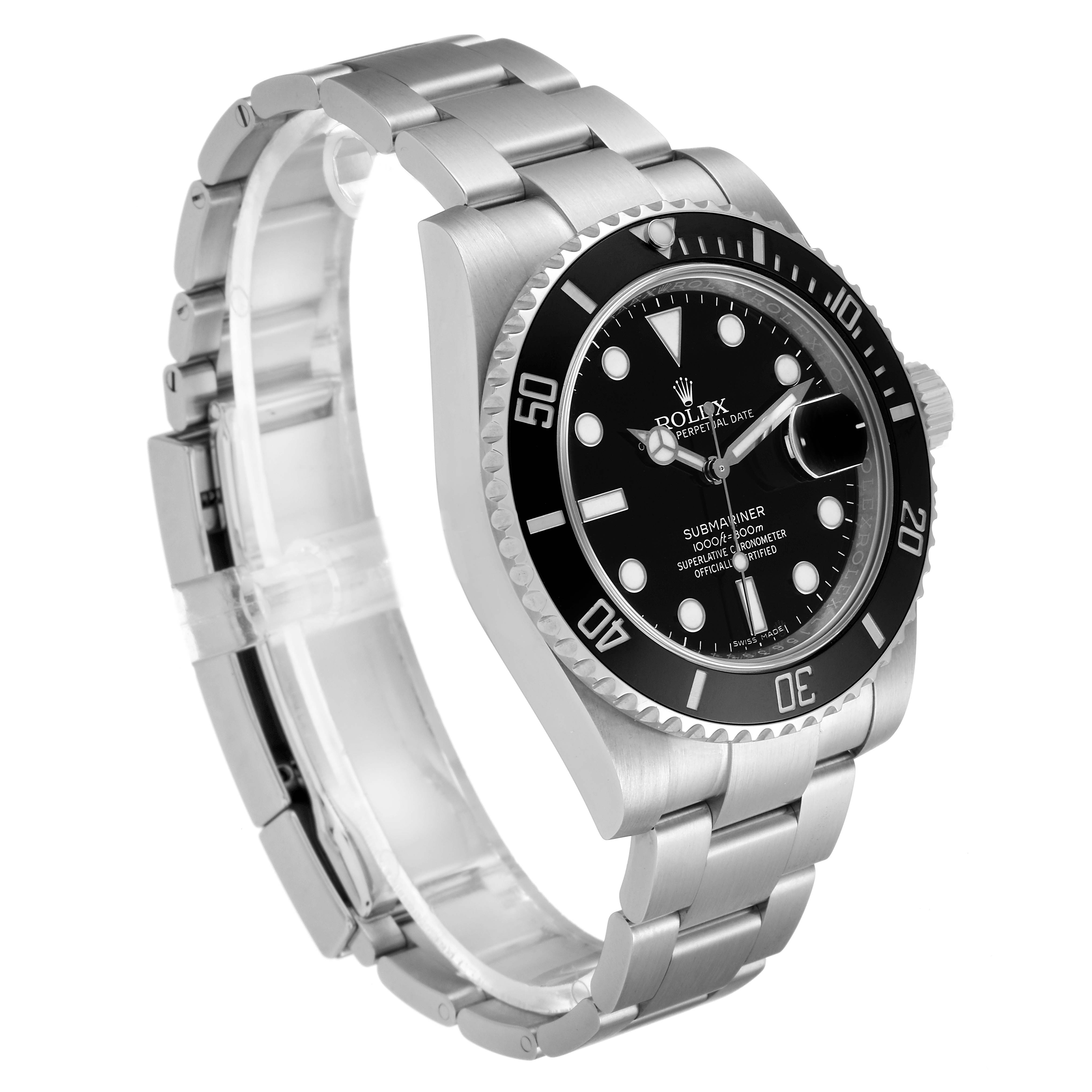 This image shows a Rolex Submariner 116610LN Men
s Stainless Steel Black Dial 116610LN Men
s Stainless Steel Black Dial watch at a left-side angle, displaying the bracelet, bezel, and face.