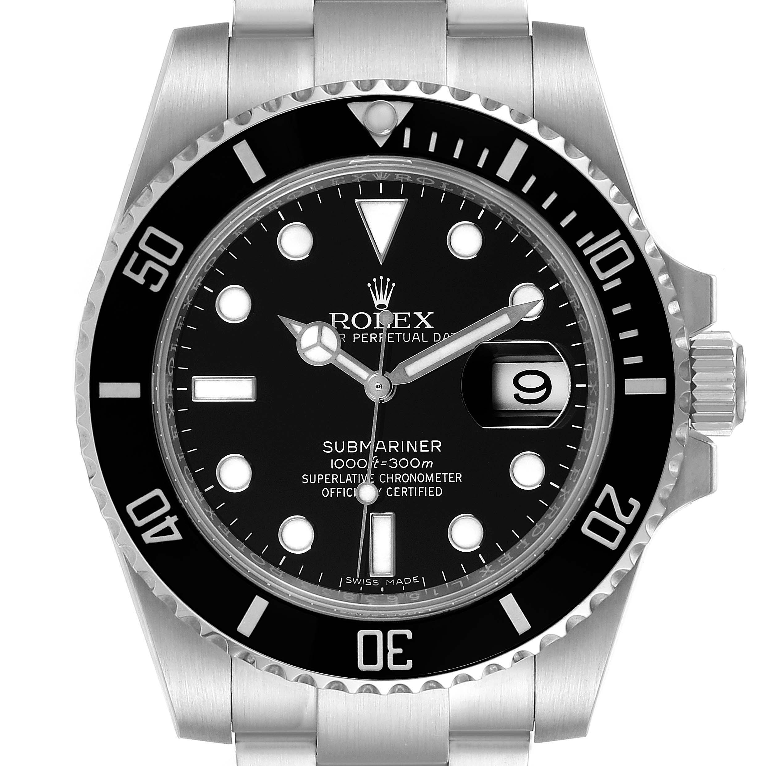 The image shows a front view of a Rolex Submariner 116610LN Men
s Stainless Steel Black Dial 116610LN Men
s Stainless Steel Black Dial watch, displaying its dial, bezel, and part of its bracelet.