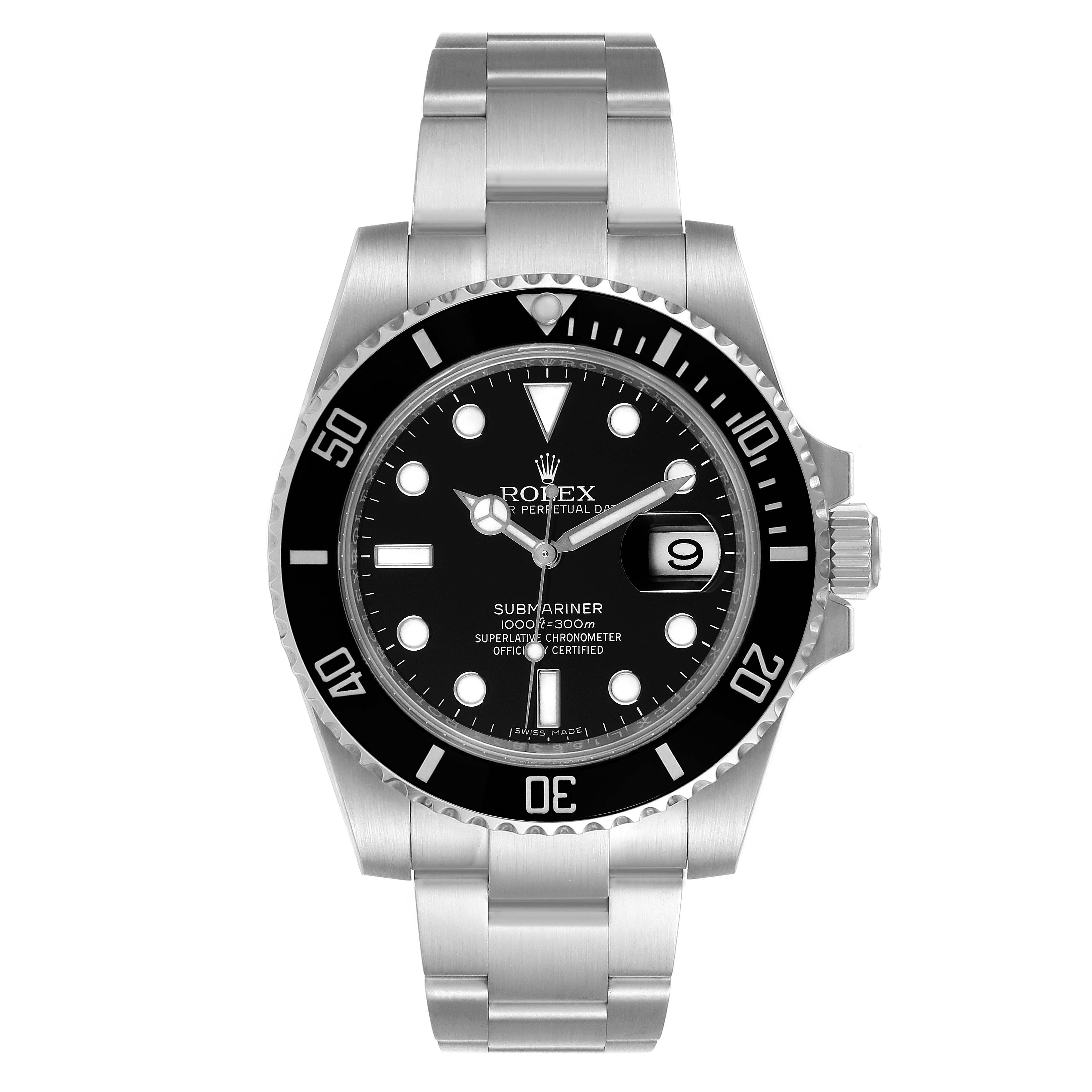 The image shows a frontal view of a Rolex Submariner 116610LN Men
s Stainless Steel Black Dial 116610LN Men
s Stainless Steel Black Dial watch, displaying the dial, bezel, bracelet, and crown.