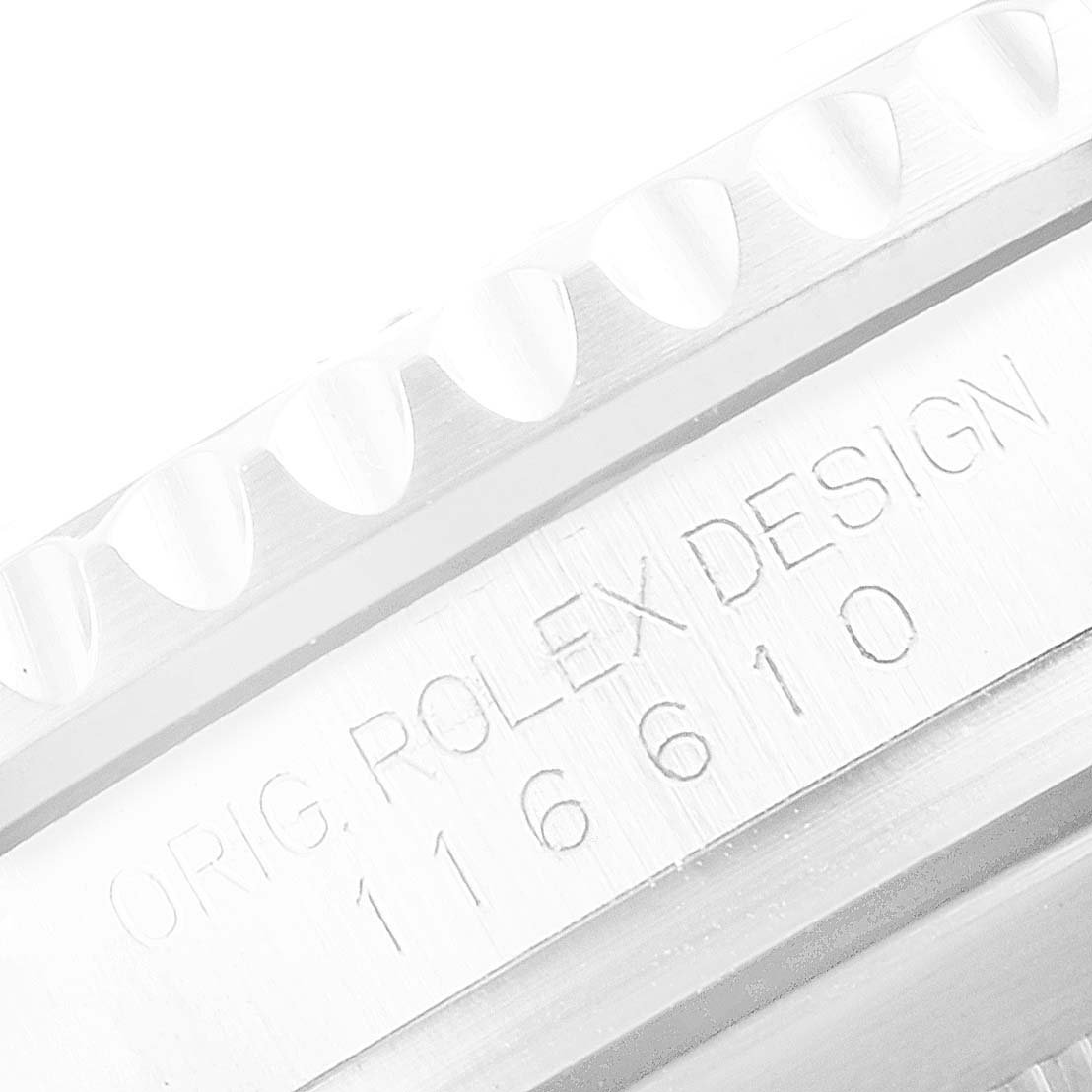 This image shows a close-up angle of the bezel and engraved side of the Rolex Submariner 116610LN Men
s Stainless Steel Black Dial 116610LN Men
s Stainless Steel Black Dial model 116610 watch.