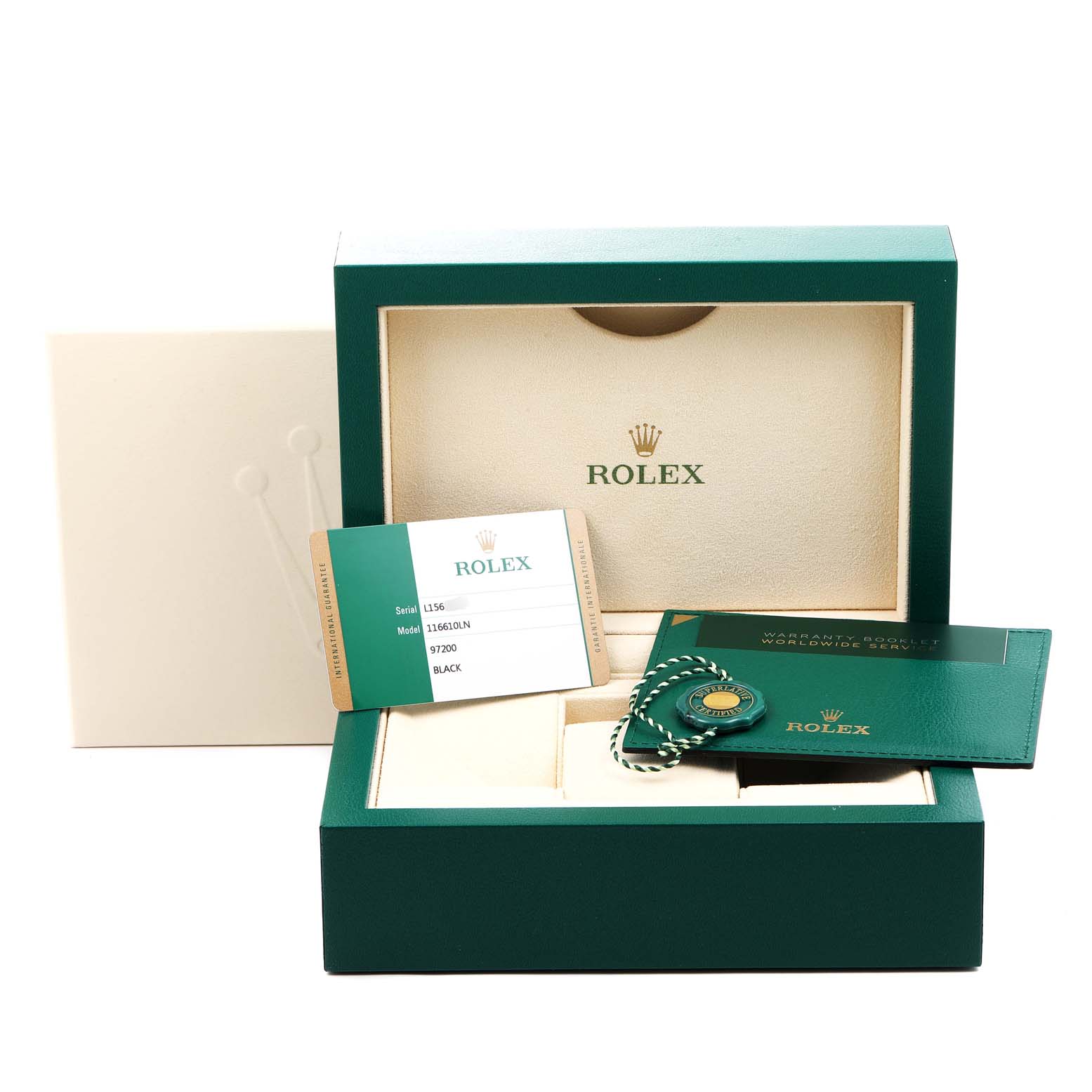 The image shows the packaging, warranty card, booklet, and tag for a Rolex Submariner 116610LN Men
s Stainless Steel Black Dial 116610LN Men
s Stainless Steel Black Dial model watch.