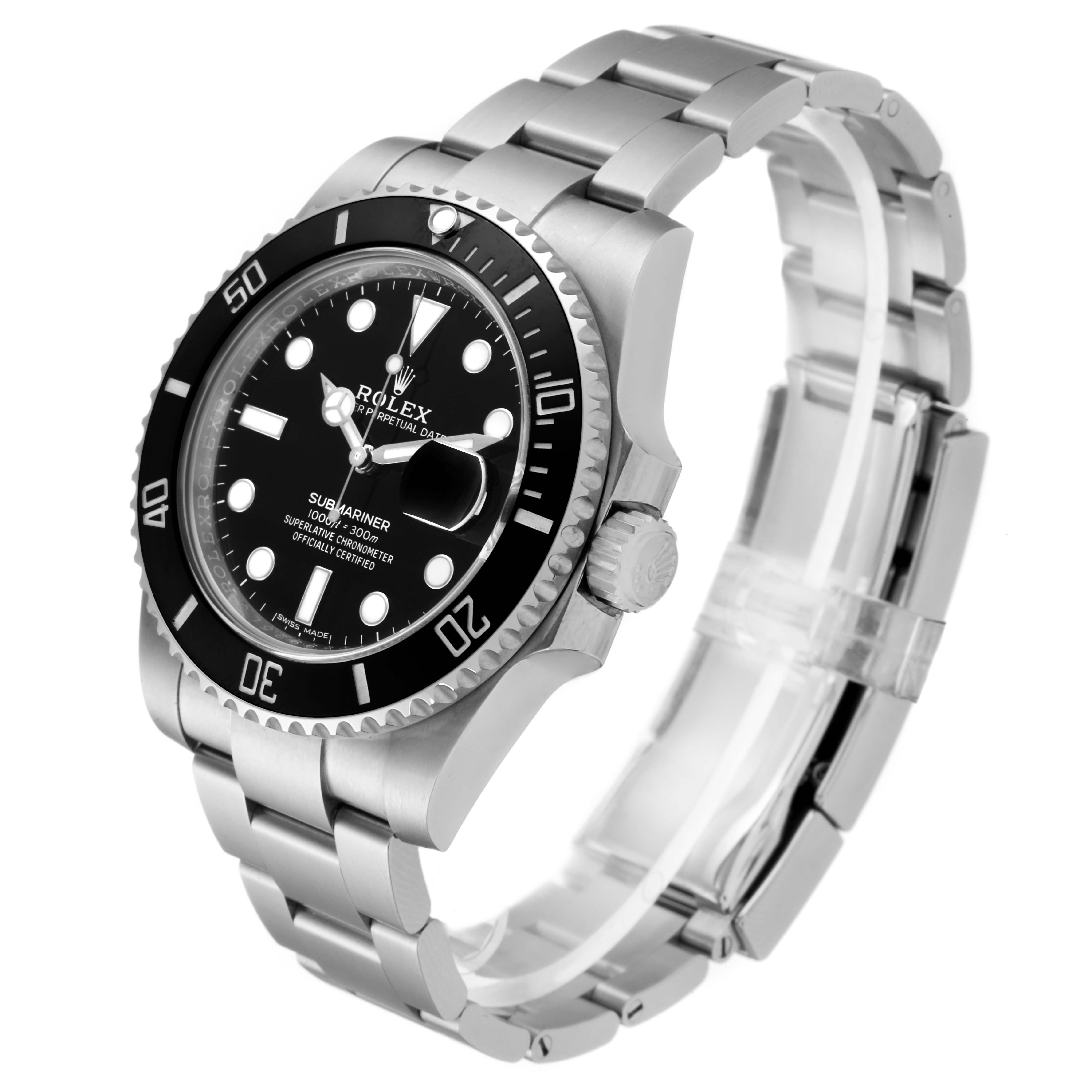 The Rolex Submariner 116610LN Men's Stainless Steel Black Dial 116610LN Men's Stainless Steel Black Dial watch is shown at an angled view, highlighting the face, bezel, crown, and stainless steel bracelet.