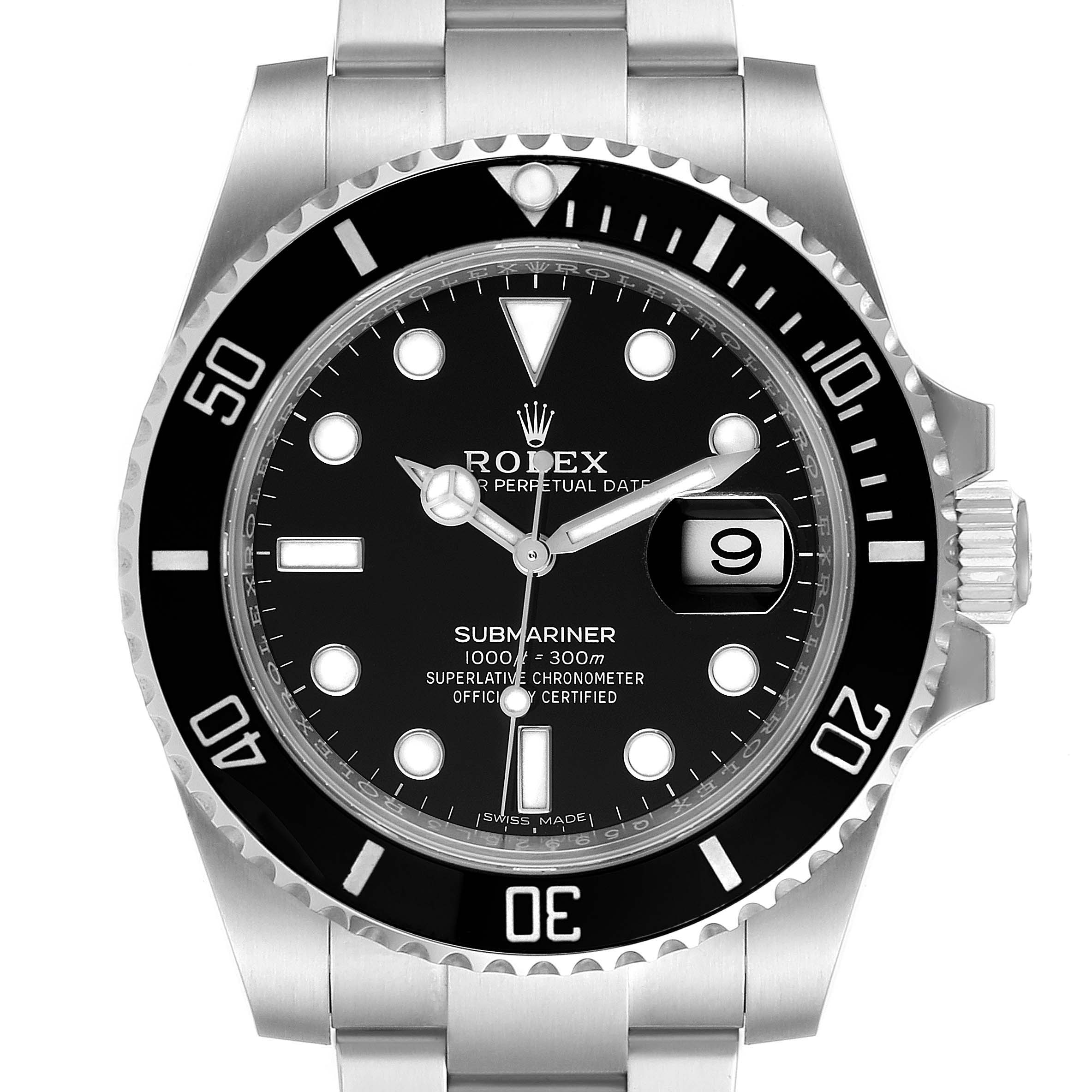 This image shows a frontal view of a Rolex Submariner 116610LN Men's Stainless Steel Black Dial 116610LN Men's Stainless Steel Black Dial watch, including its dial, bezel, and bracelet.