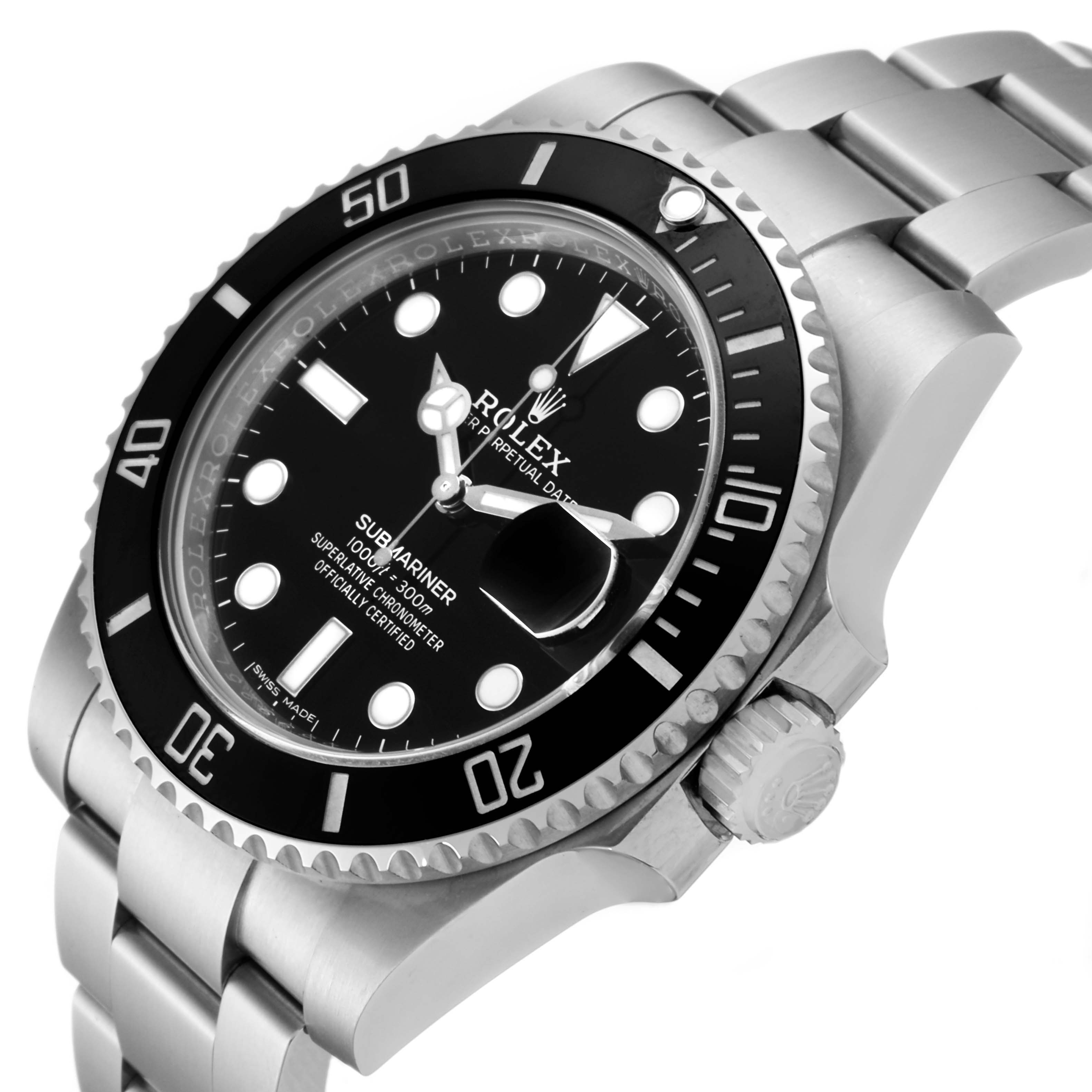 The image shows a side angle view of the Rolex Submariner 116610LN Men's Stainless Steel Black Dial 116610LN Men's Stainless Steel Black Dial watch, highlighting the bezel, face, crown, and bracelet.