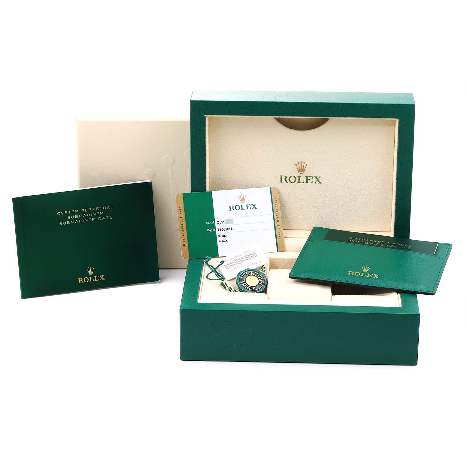 This image shows the packaging and accessories for a Rolex Submariner 116610LN Men's Stainless Steel Black Dial 116610LN Men's Stainless Steel Black Dial, including the box, warranty card, and manuals.