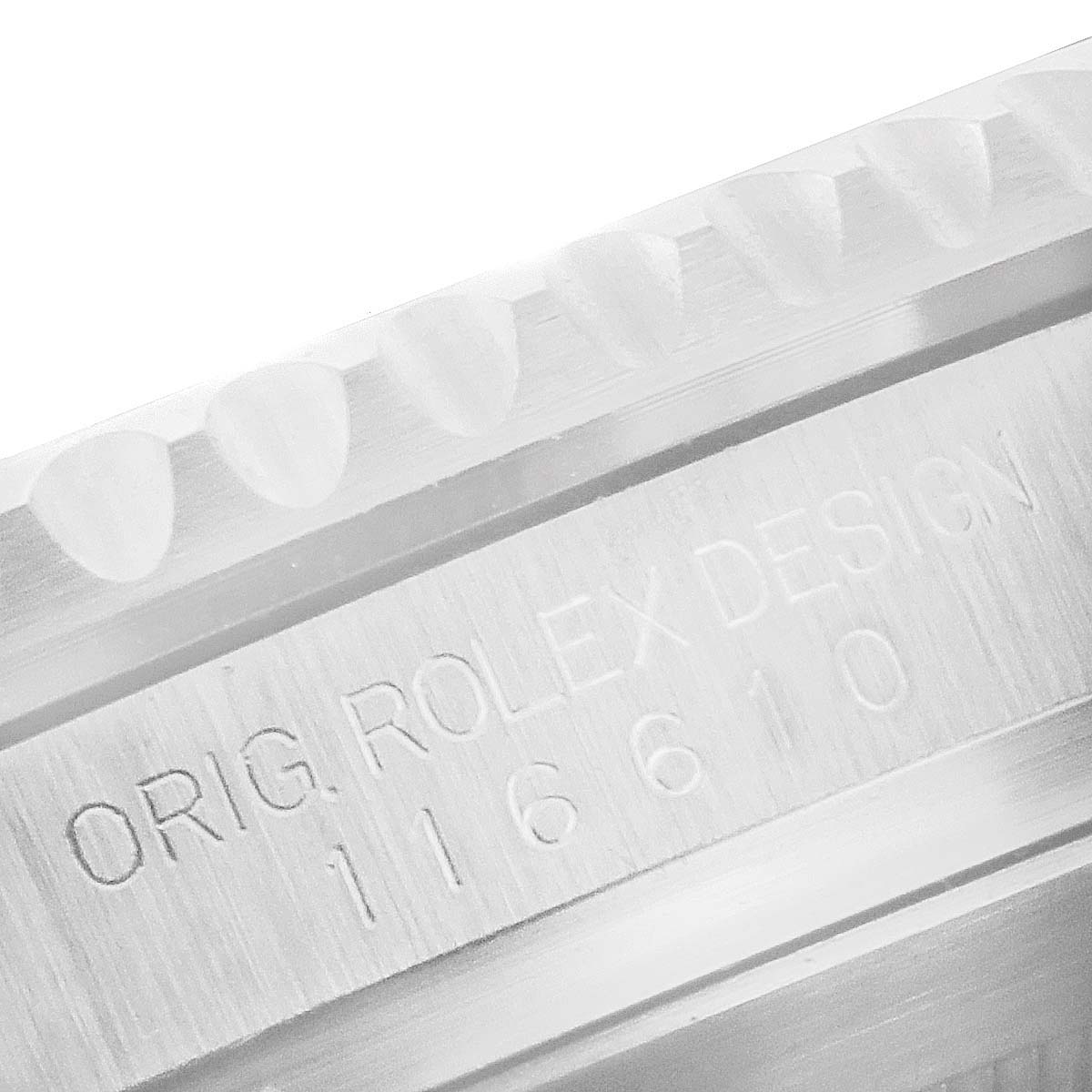 This close-up image shows the model number and branding on the edge of a Rolex Submariner 116610LN Men's Stainless Steel Black Dial 116610LN Men's Stainless Steel Black Dial watch.
