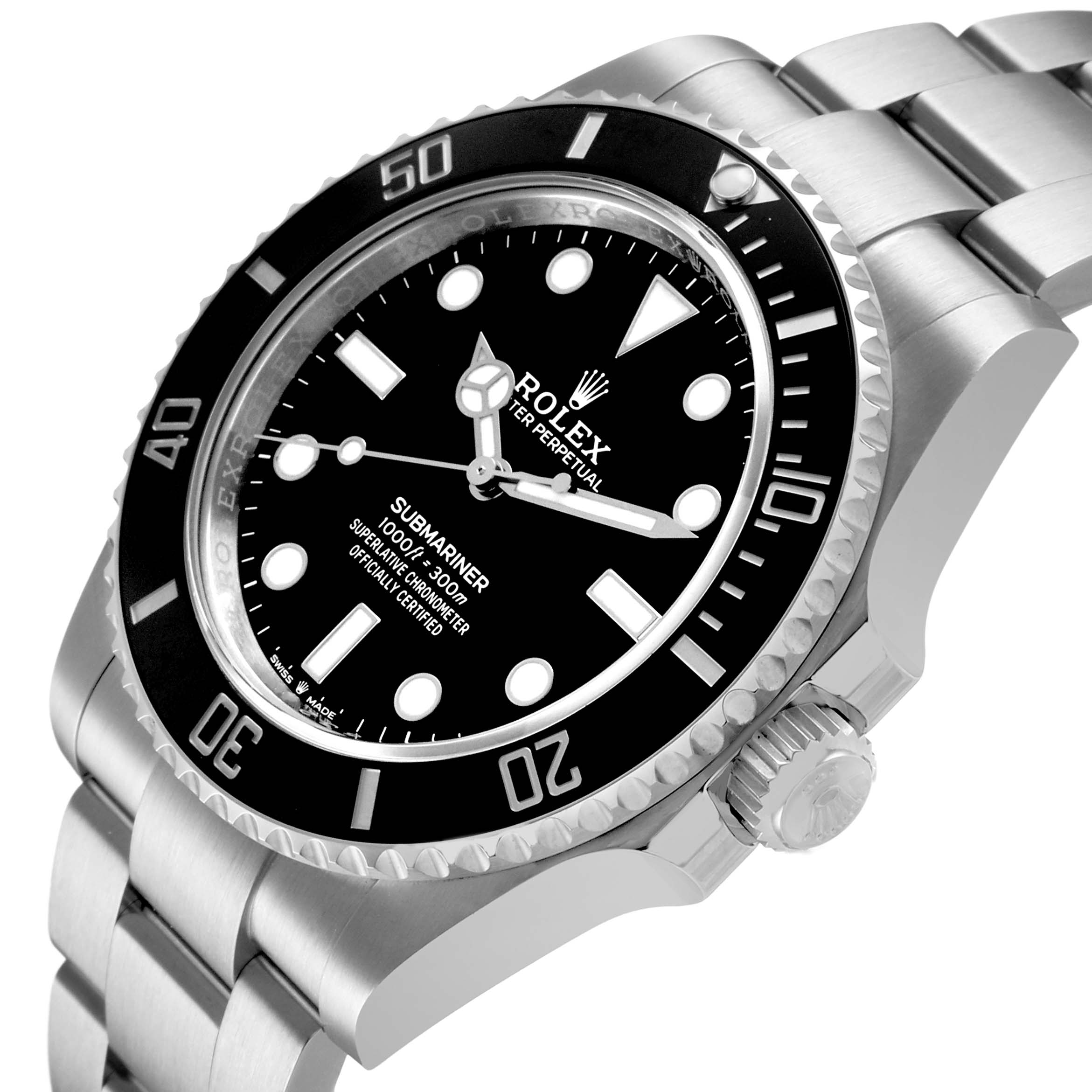 The Rolex Submariner 124060 Men's Stainless Steel Black Dial watch is shown from a side angle highlighting the black dial, bezel, and stainless steel bracelet.