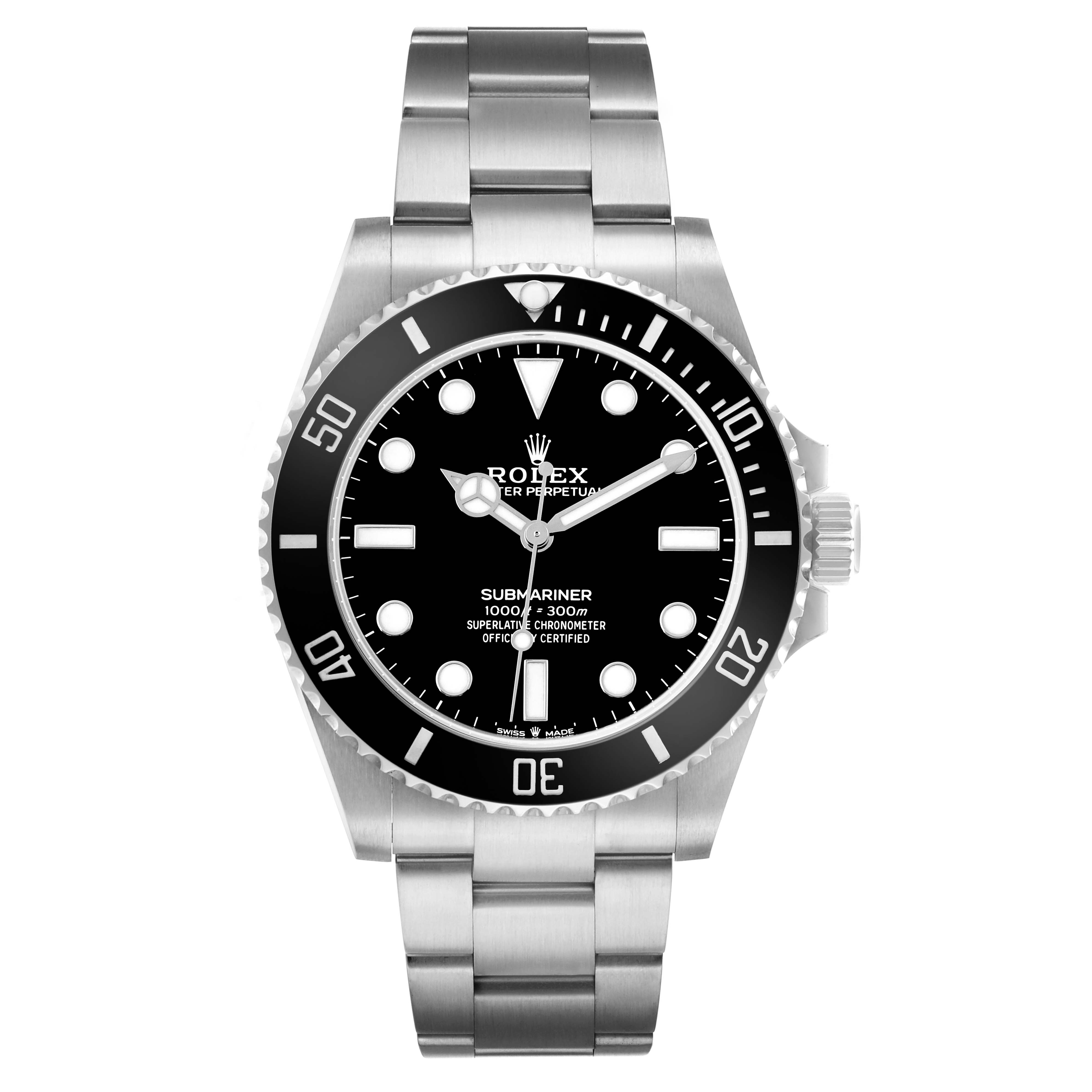 The Rolex Submariner 124060 Men's Stainless Steel Black Dial watch is shown from a front angle, displaying the dial, bezel, and bracelet.