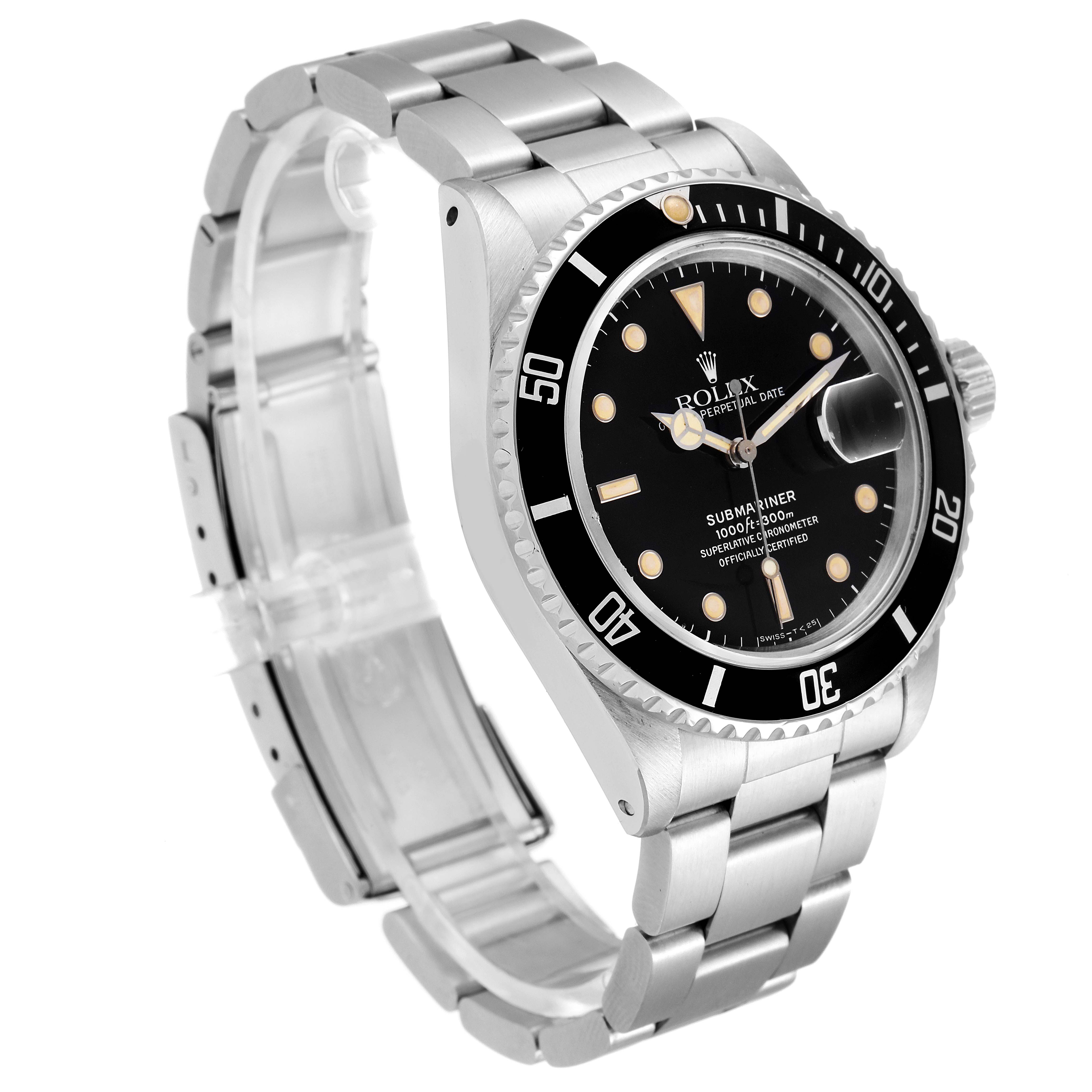 This Rolex Submariner 168000 Men's Stainless Steel Black Dial 168000 Men's Stainless Steel Black Dial watch is shown at an angle, highlighting its face, bezel, crown, and stainless steel bracelet.