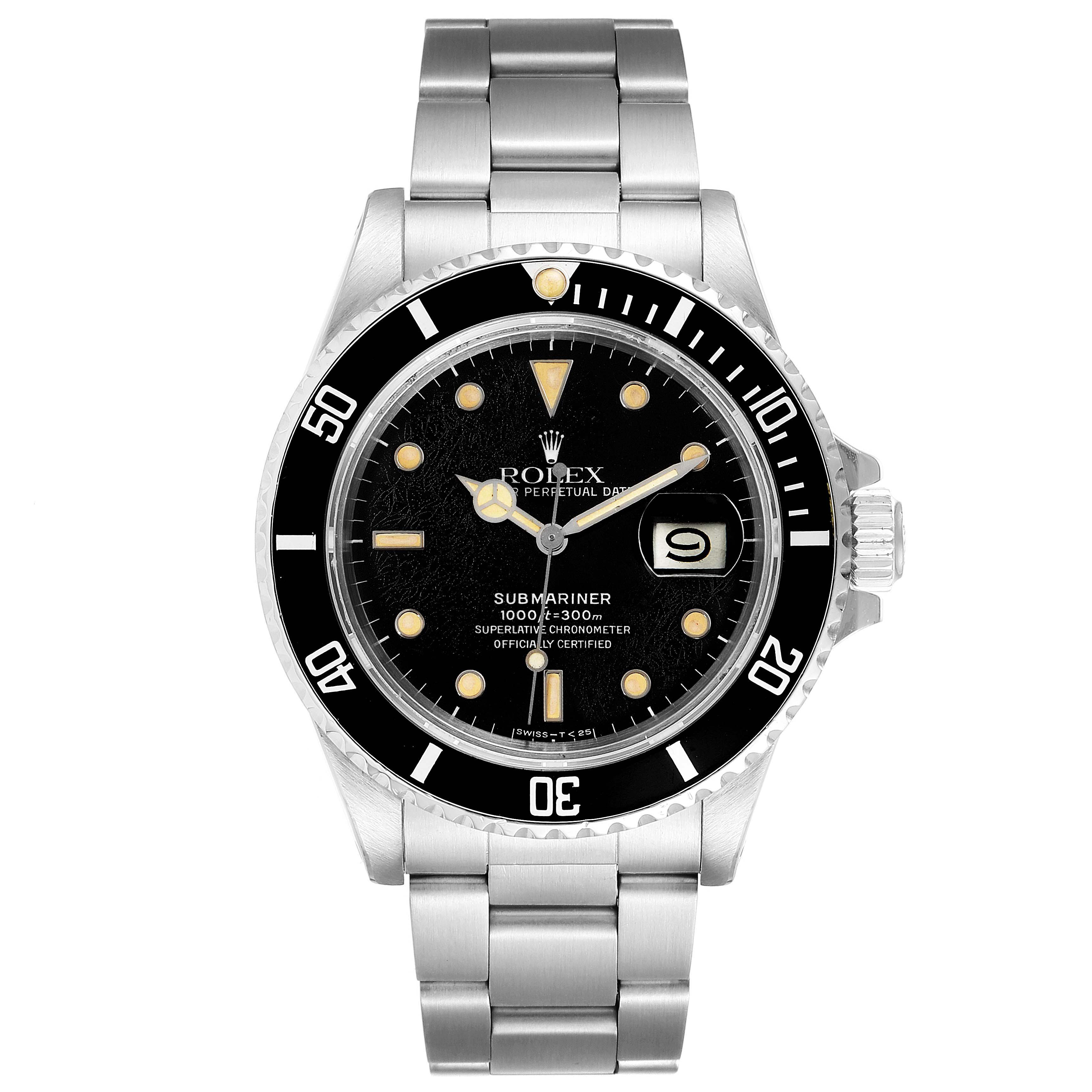 The image shows a front view of a Rolex Submariner 168000 Men's Stainless Steel Black Dial 168000 Men's Stainless Steel Black Dial watch, highlighting its black dial, bezel, and stainless steel bracelet.