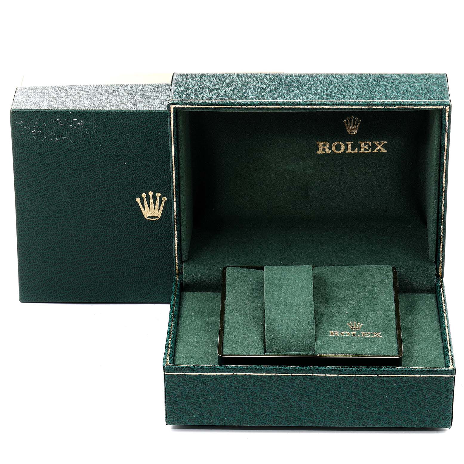 The image shows an open green Rolex Submariner 168000 Men's Stainless Steel Black Dial 168000 Men's Stainless Steel Black Dial watch box, highlighting the interior and accompanying documentation holder.