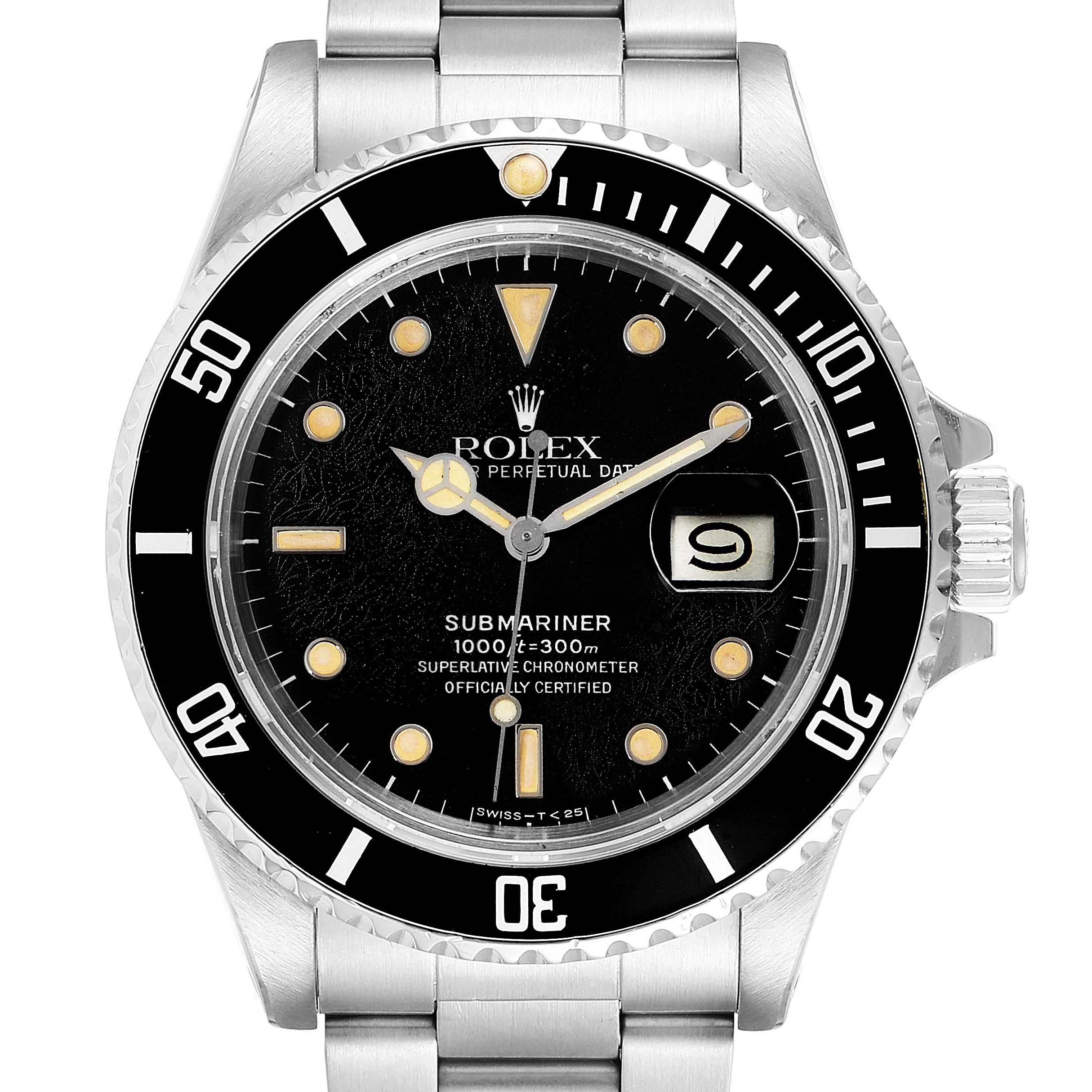 This image shows a front view of the Rolex Submariner 168000 Men's Stainless Steel Black Dial 168000 Men's Stainless Steel Black Dial watch, including the dial, bezel, and part of the bracelet.