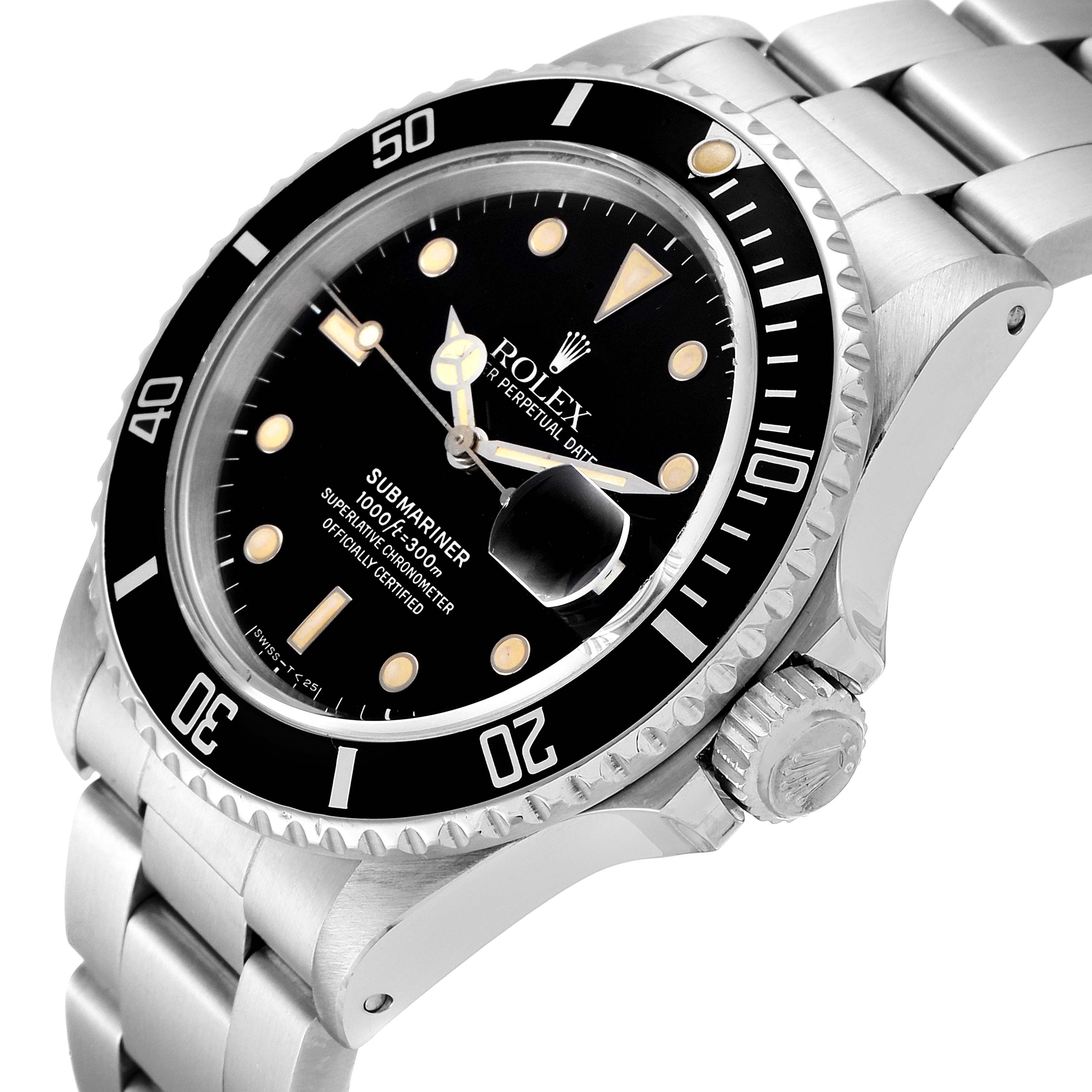 The image shows a Rolex Submariner 168000 Men's Stainless Steel Black Dial 168000 Men's Stainless Steel Black Dial watch at an angled, close-up view, displaying the face, bezel, crown, and bracelet.