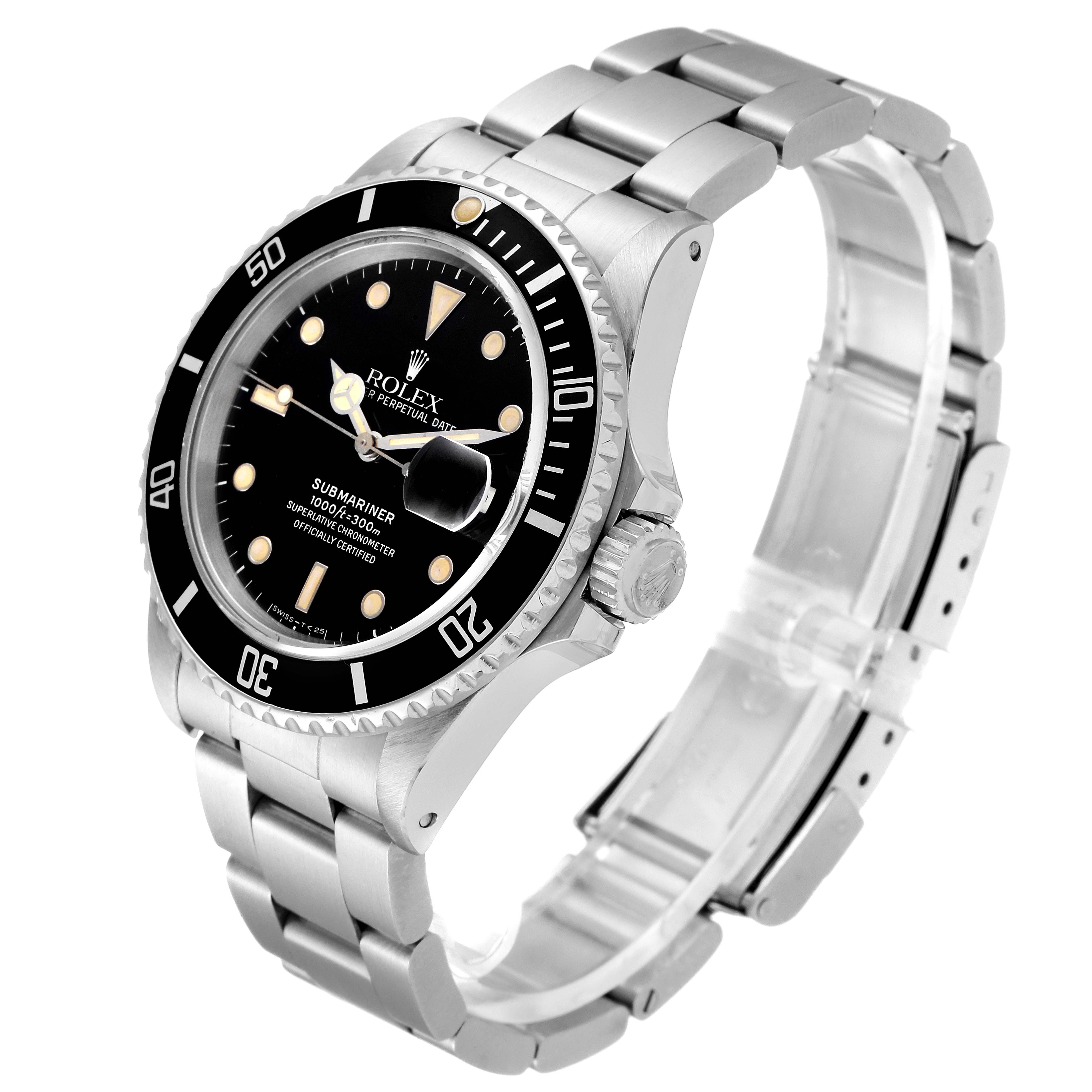 This image shows a Rolex Submariner 168000 Men's Stainless Steel Black Dial 168000 Men's Stainless Steel Black Dial watch at a slight angle, featuring its bezel, dial, crown, and metal bracelet.