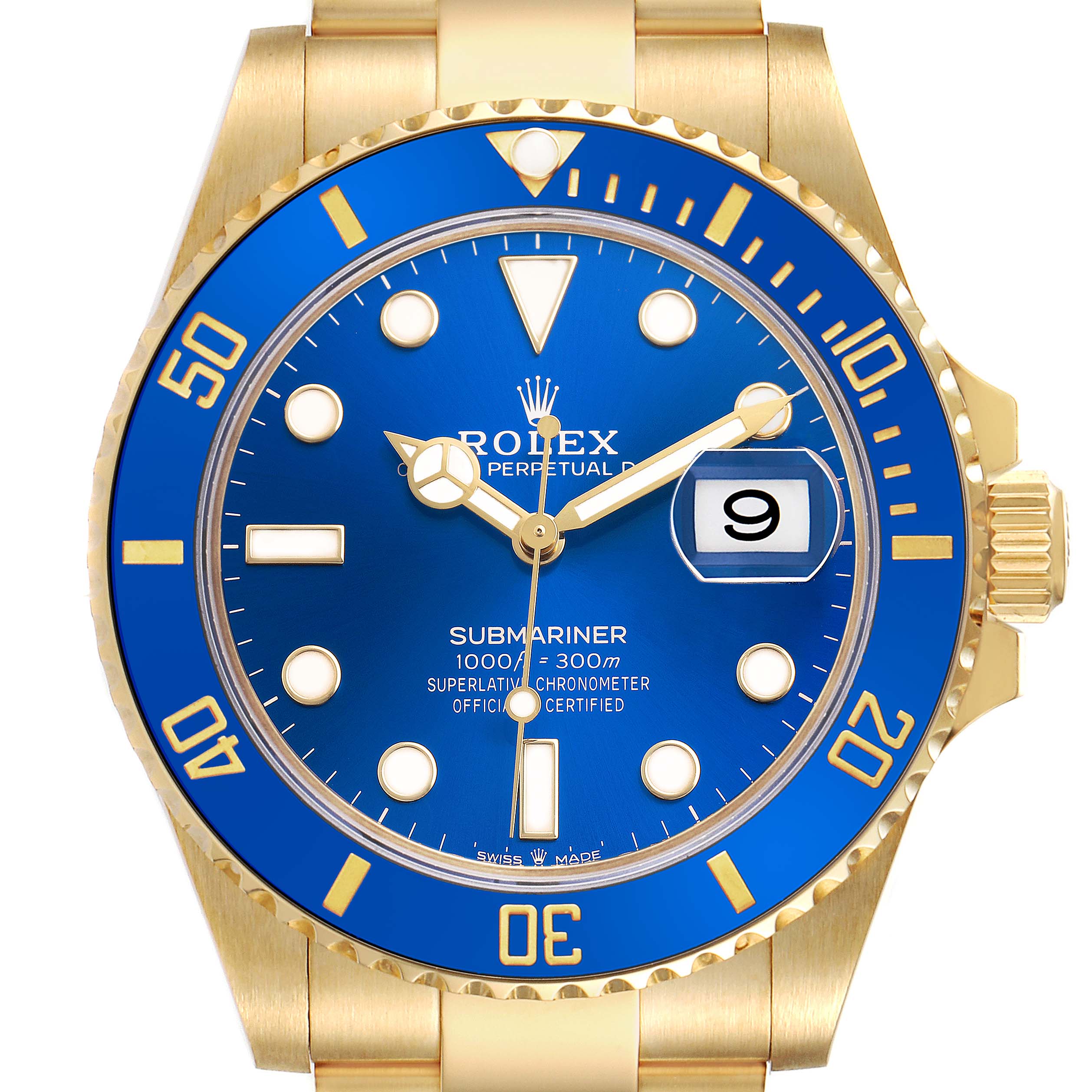 The image shows a Rolex Submariner 126618LB Men's Yellow Gold Blue Dial watch from a front view angle, highlighting the blue dial, bezel, and gold bracelet.