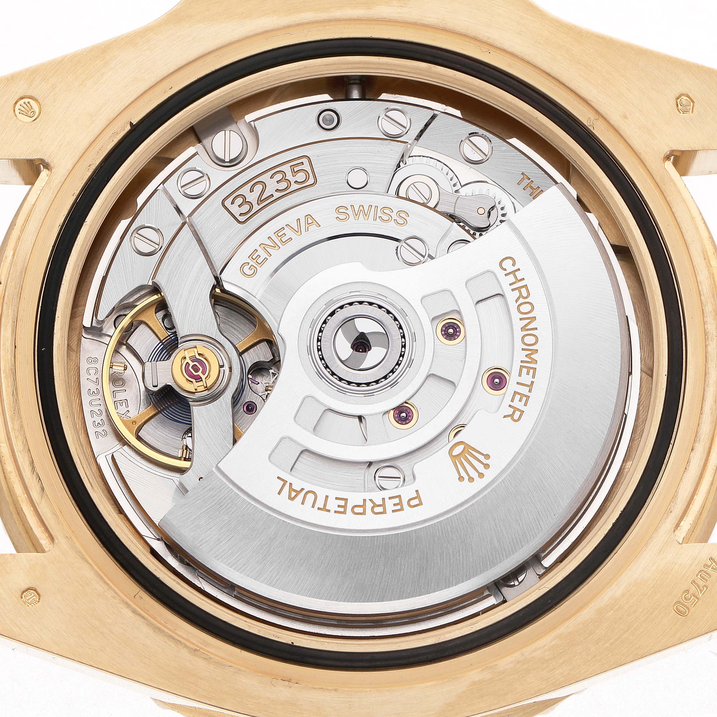 The image shows the back view of the Rolex Submariner 126618LB Men's Yellow Gold Blue Dial, highlighting its movement and rotor labeled "Perpetual."