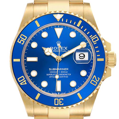 The image shows a Rolex Submariner 126618LB Men's Yellow Gold Blue Dial from a front angle, highlighting the blue dial, date window, and gold bezel.