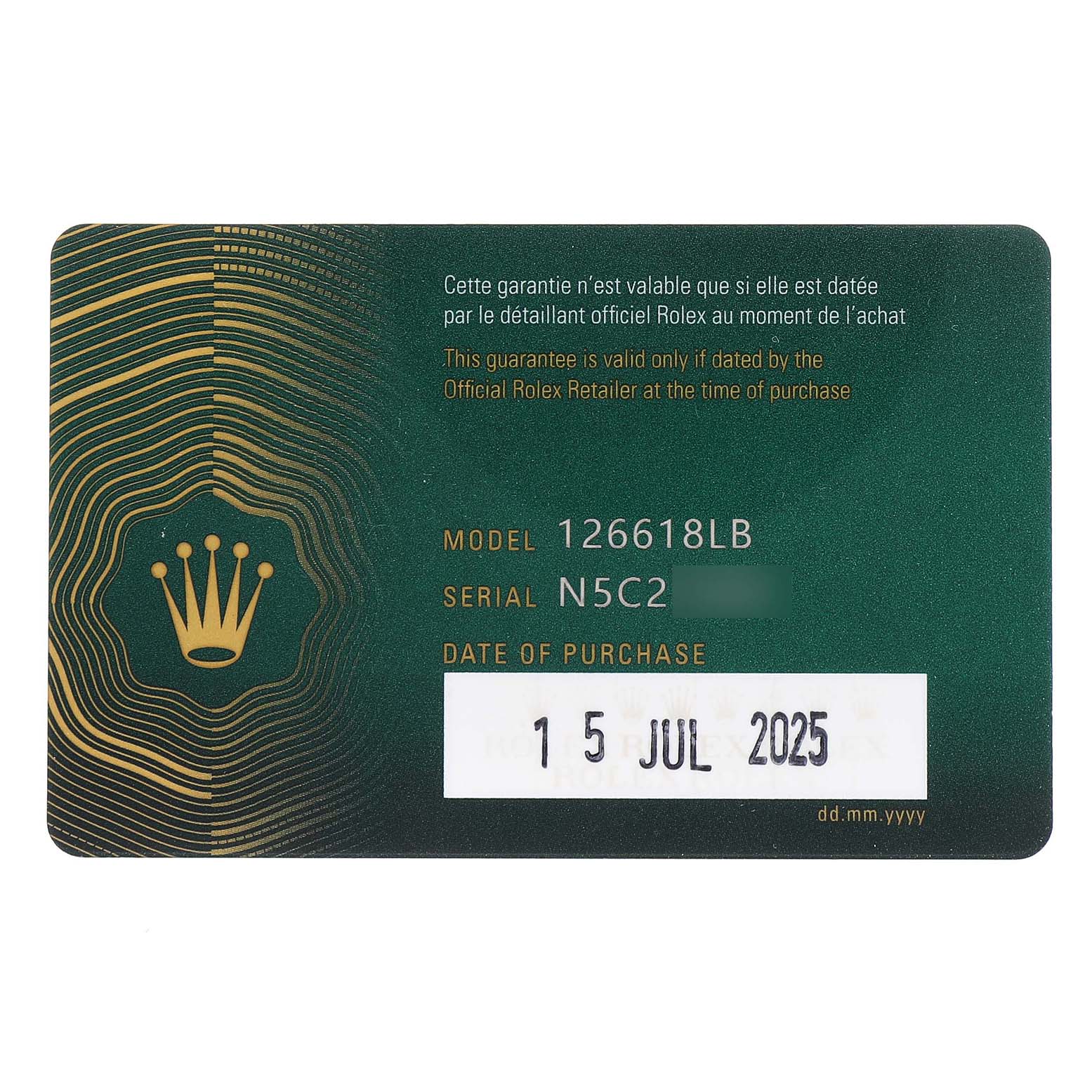 This image shows a Rolex guarantee card for a Submariner model, featuring model and serial numbers.