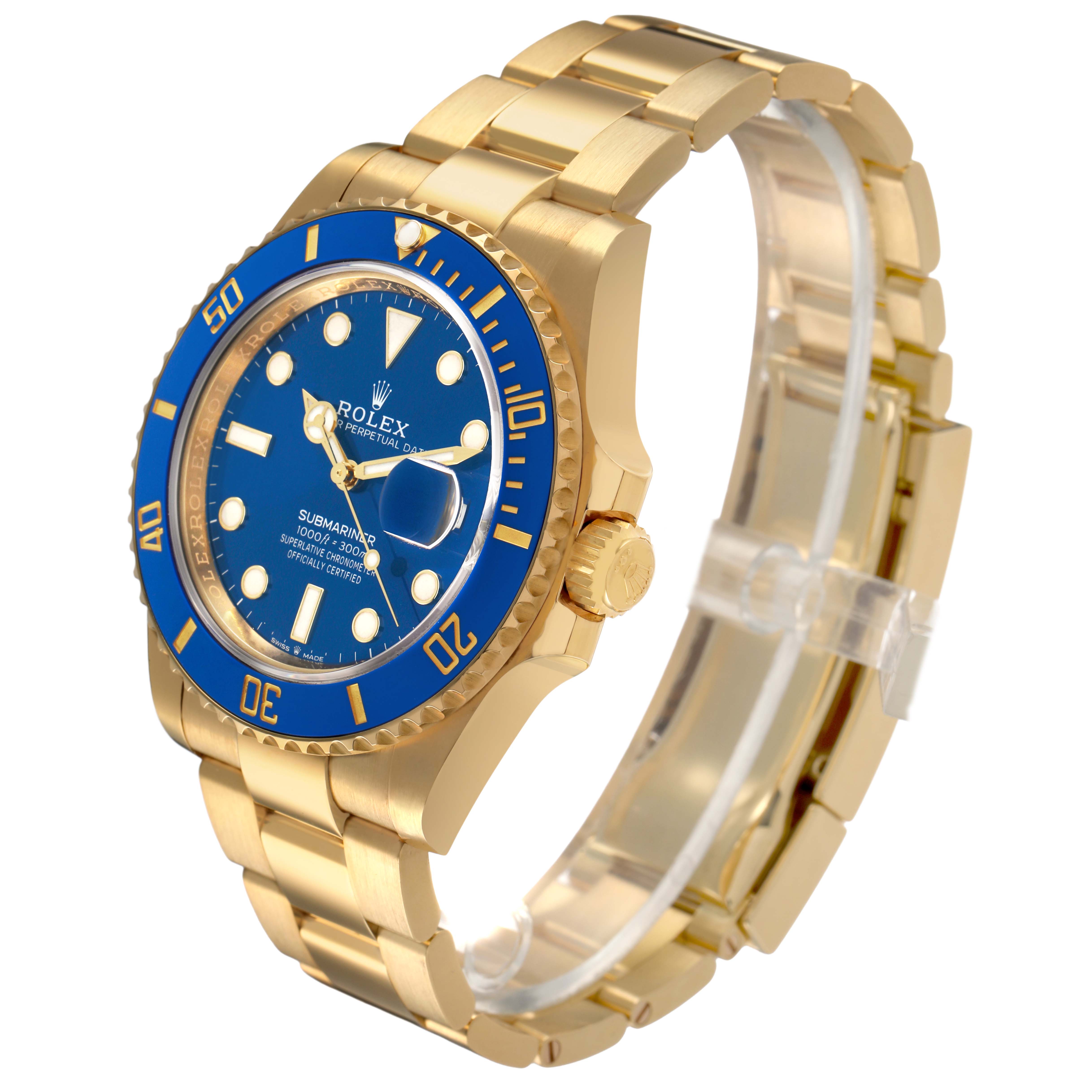 The Rolex Submariner 126618LB Men's Yellow Gold Blue Dial watch is shown at an angle highlighting the blue dial, bezel, gold case, and bracelet.