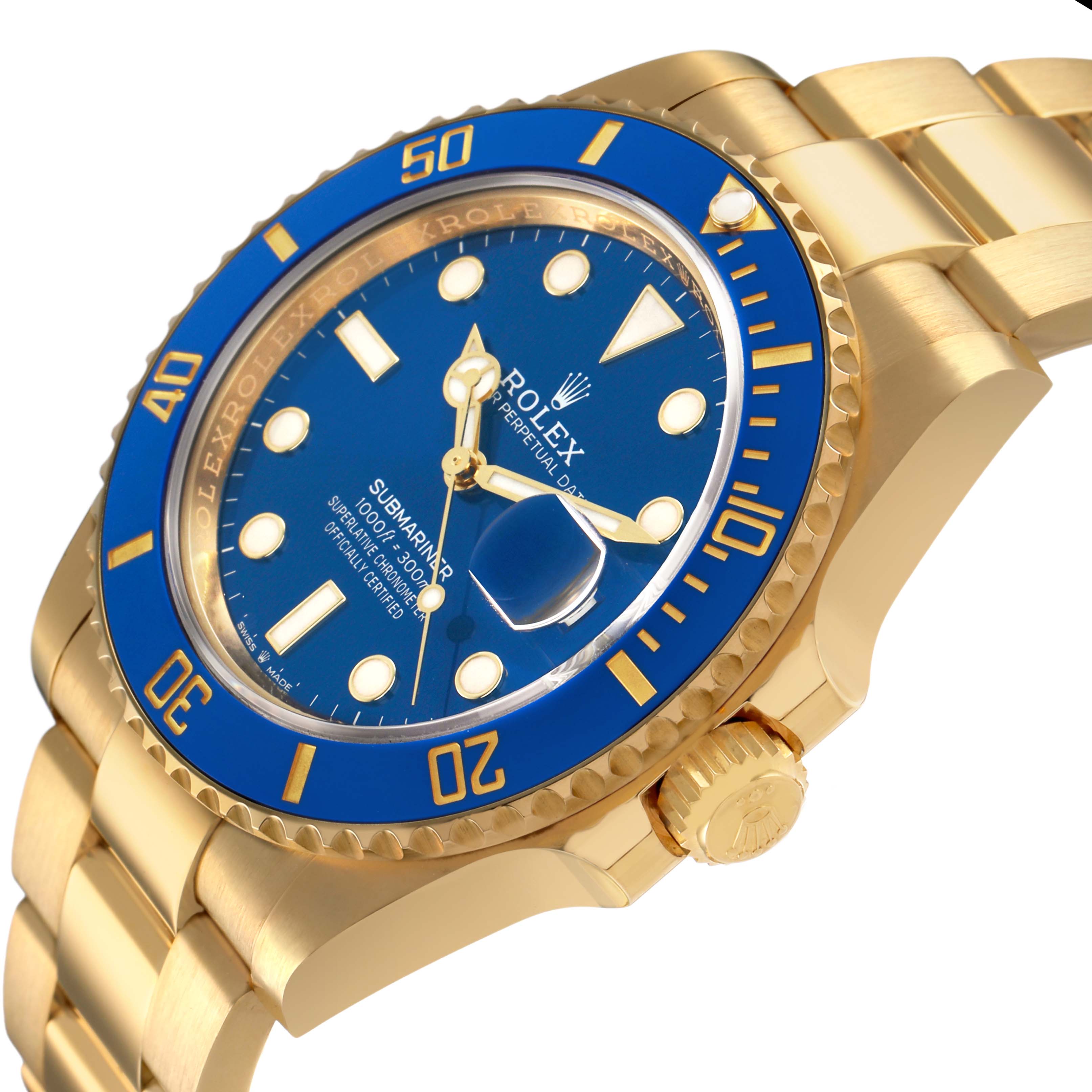The Rolex Submariner 126618LB Men's Yellow Gold Blue Dial watch is viewed at an angle showing the blue dial, bezel, gold case, and part of the bracelet.