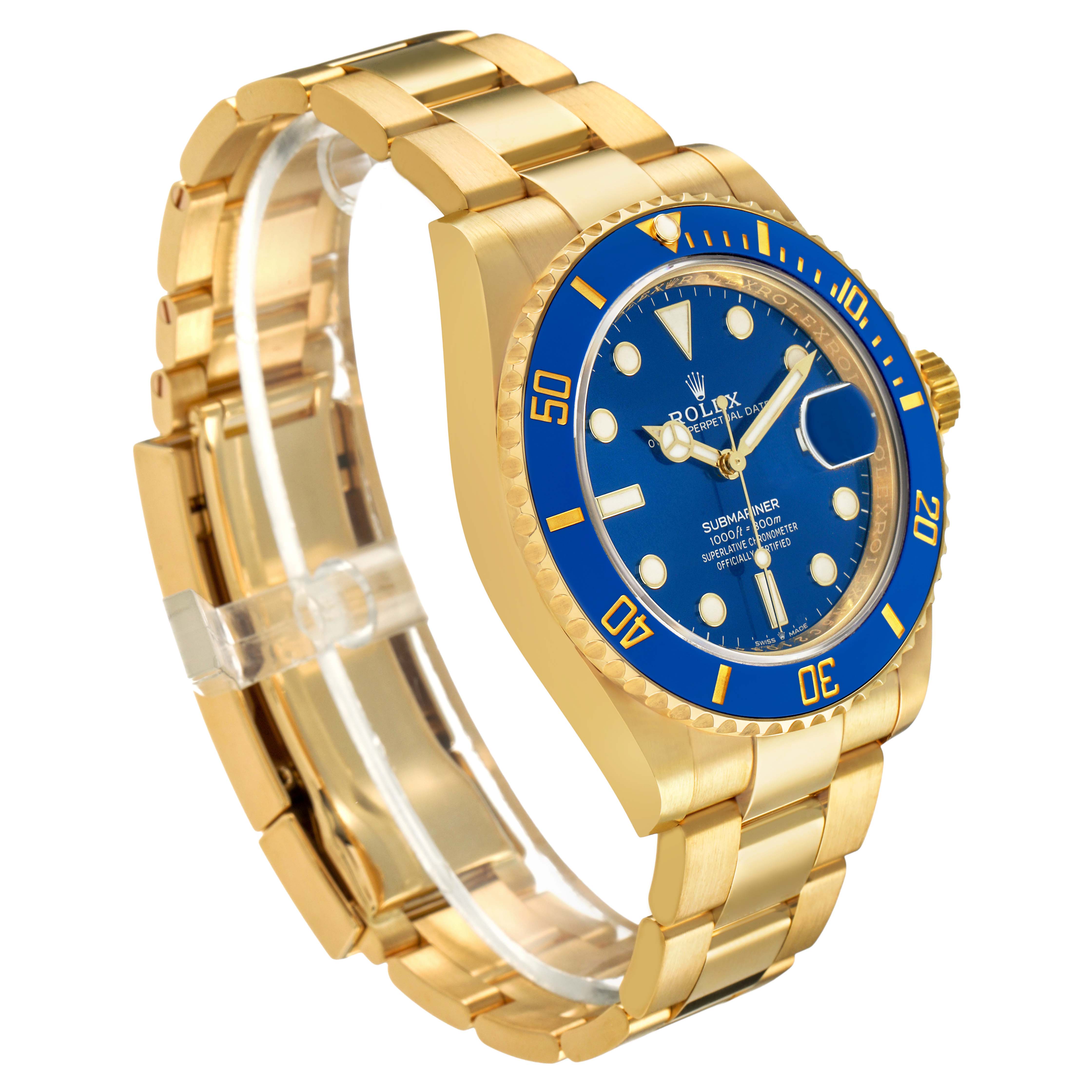 The Rolex Submariner 126618LB Men's Yellow Gold Blue Dial watch is shown from an angled side view, highlighting the blue bezel, face, and gold bracelet.