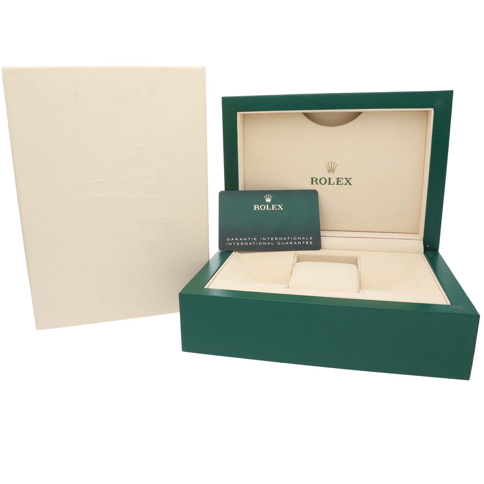 The image shows a Rolex Submariner 126618LB Men's Yellow Gold Blue Dial watch box with a warranty card, viewed from the front angle.