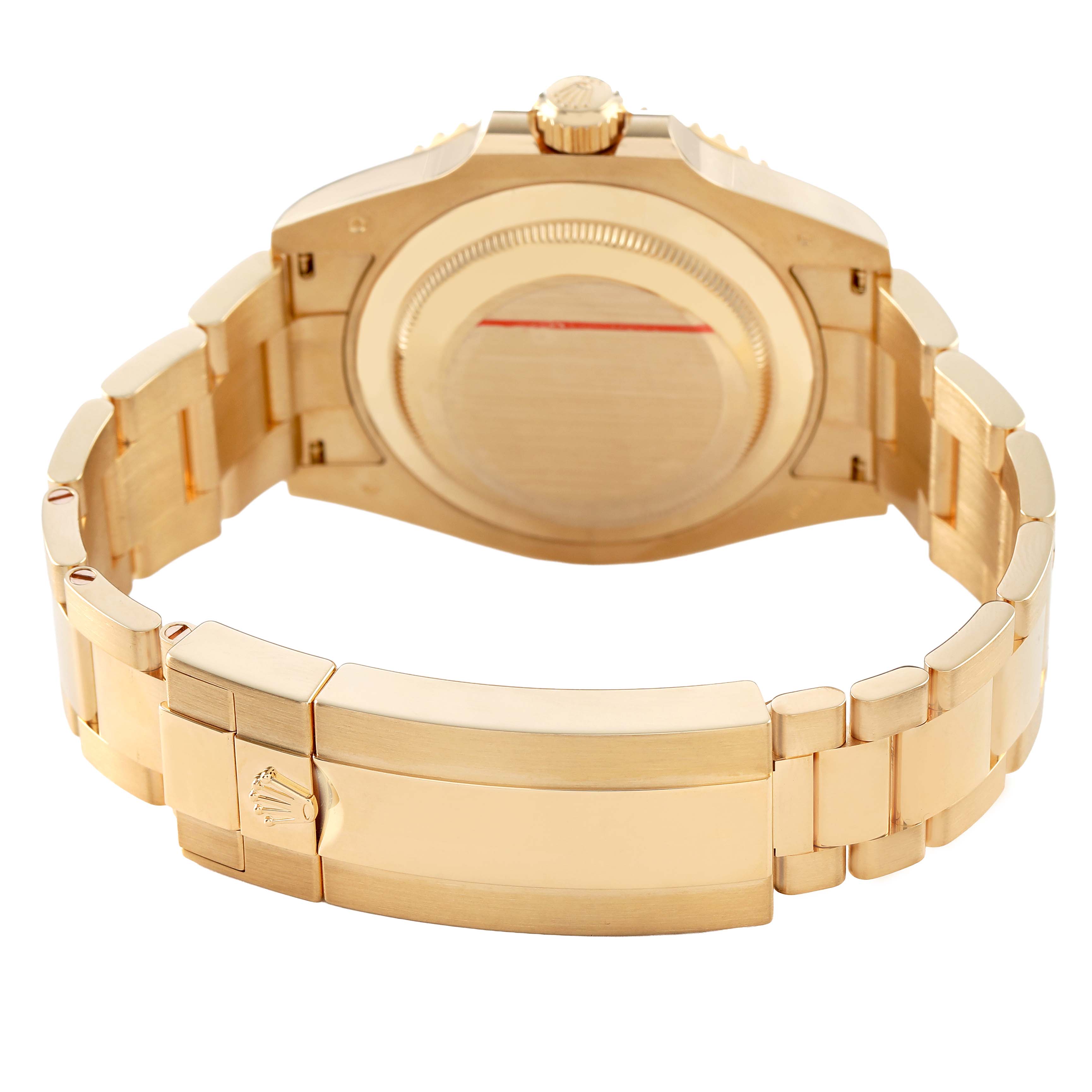 The image shows the back view of a Rolex Submariner 126618LB Men's Yellow Gold Blue Dial, highlighting the caseback and bracelet clasp.