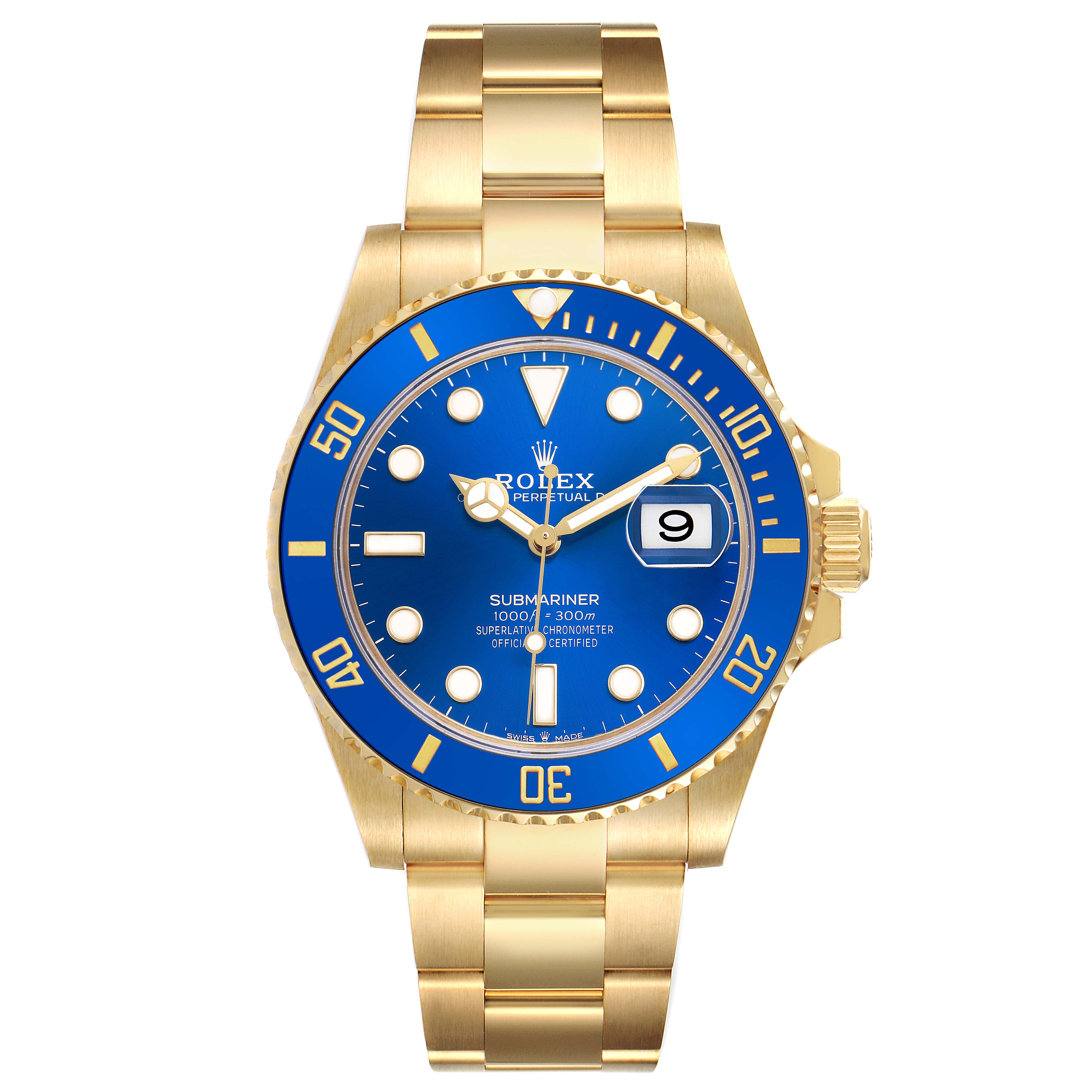 The Rolex Submariner 126618LB Men's Yellow Gold Blue Dial watch is shown from the front, displaying its blue dial, bezel, and gold bracelet.