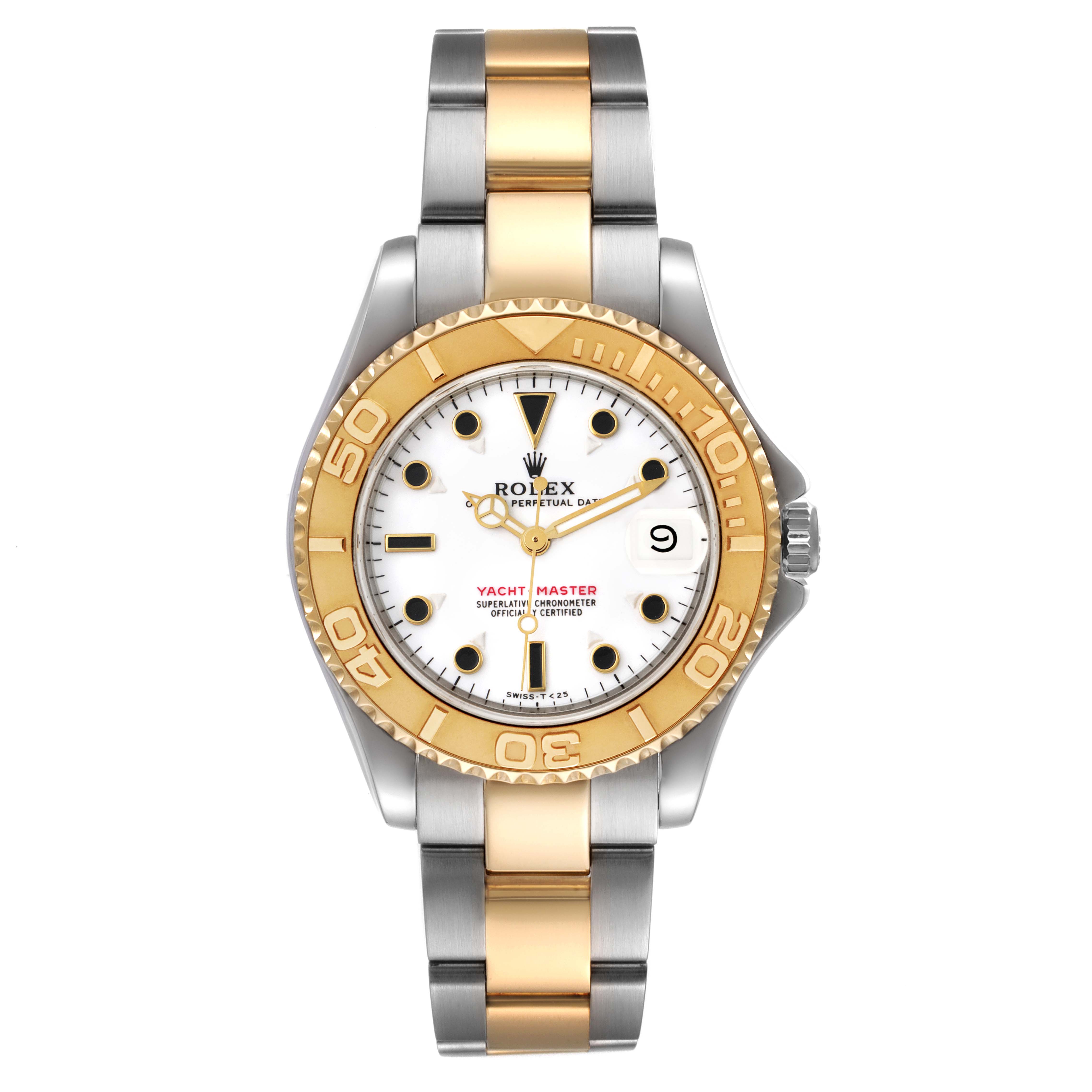 The image shows a front view of the Rolex Yacht-Master 68623 Men
s Steel and Gold (two tone) White Dial 68623 Men
s Steel and Gold (two tone) White Dial watch, highlighting its dial, bezel, crown, and two-tone bracelet.