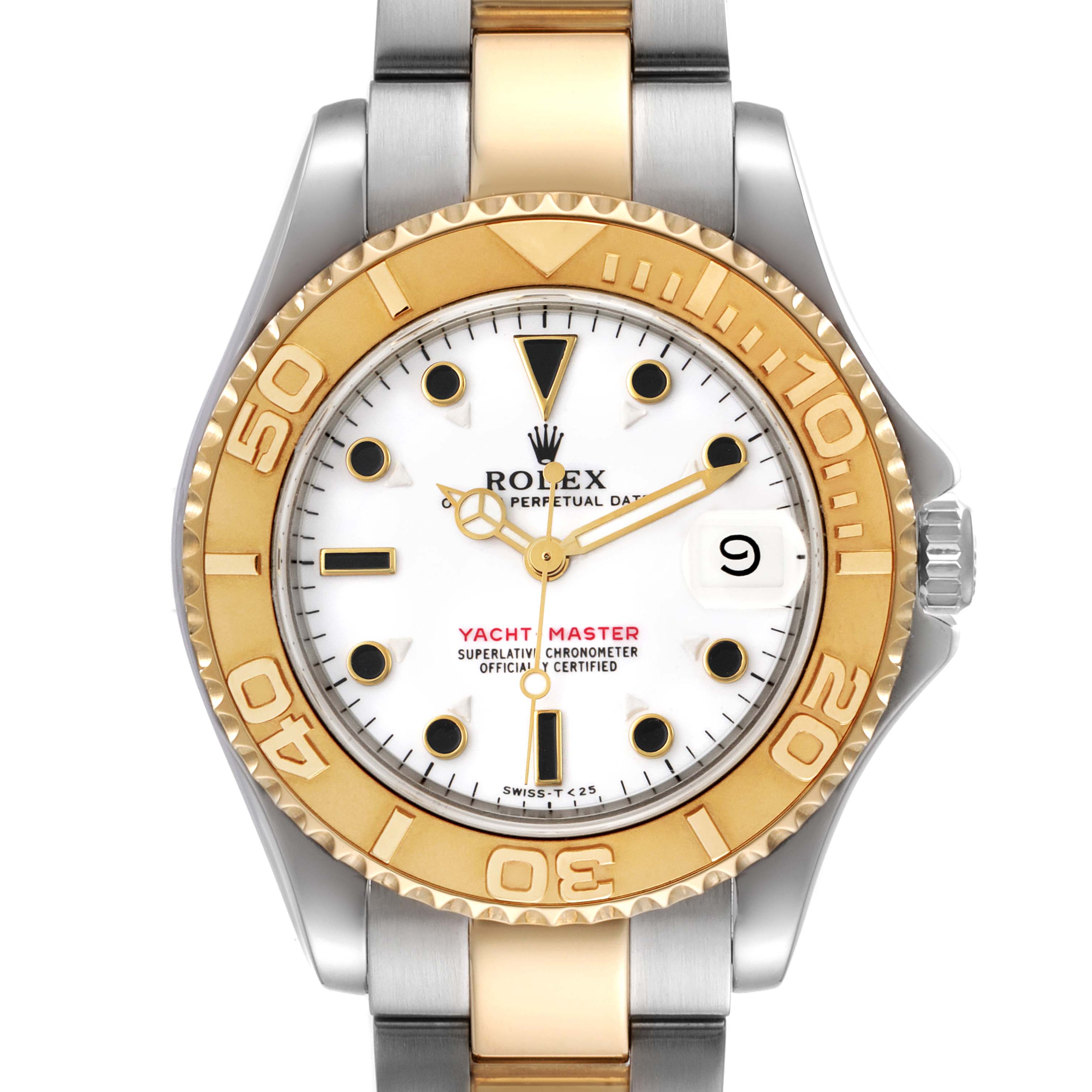 The image shows a front view of the Rolex Yacht-Master 68623 Men
s Steel and Gold (two tone) White Dial 68623 Men
s Steel and Gold (two tone) White Dial watch, highlighting its dial, bezel, and bracelet.