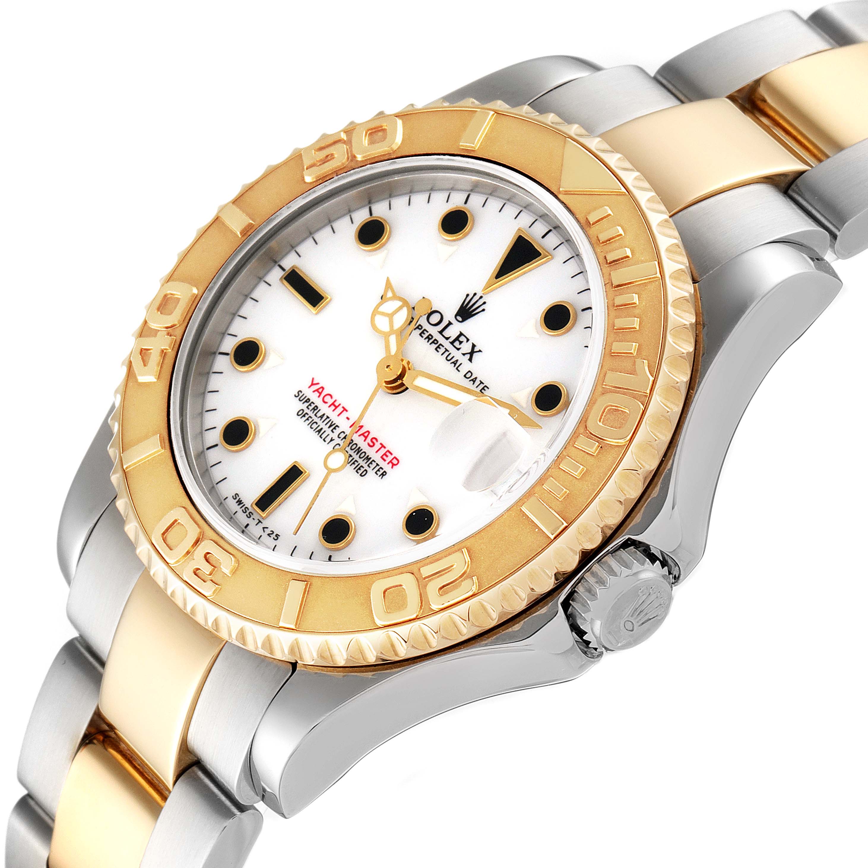 The Rolex Yacht-Master 68623 Men
s Steel and Gold (two tone) White Dial 68623 Men
s Steel and Gold (two tone) White Dial watch is shown at an oblique angle, displaying the dial, bezel, and part of the bracelet.