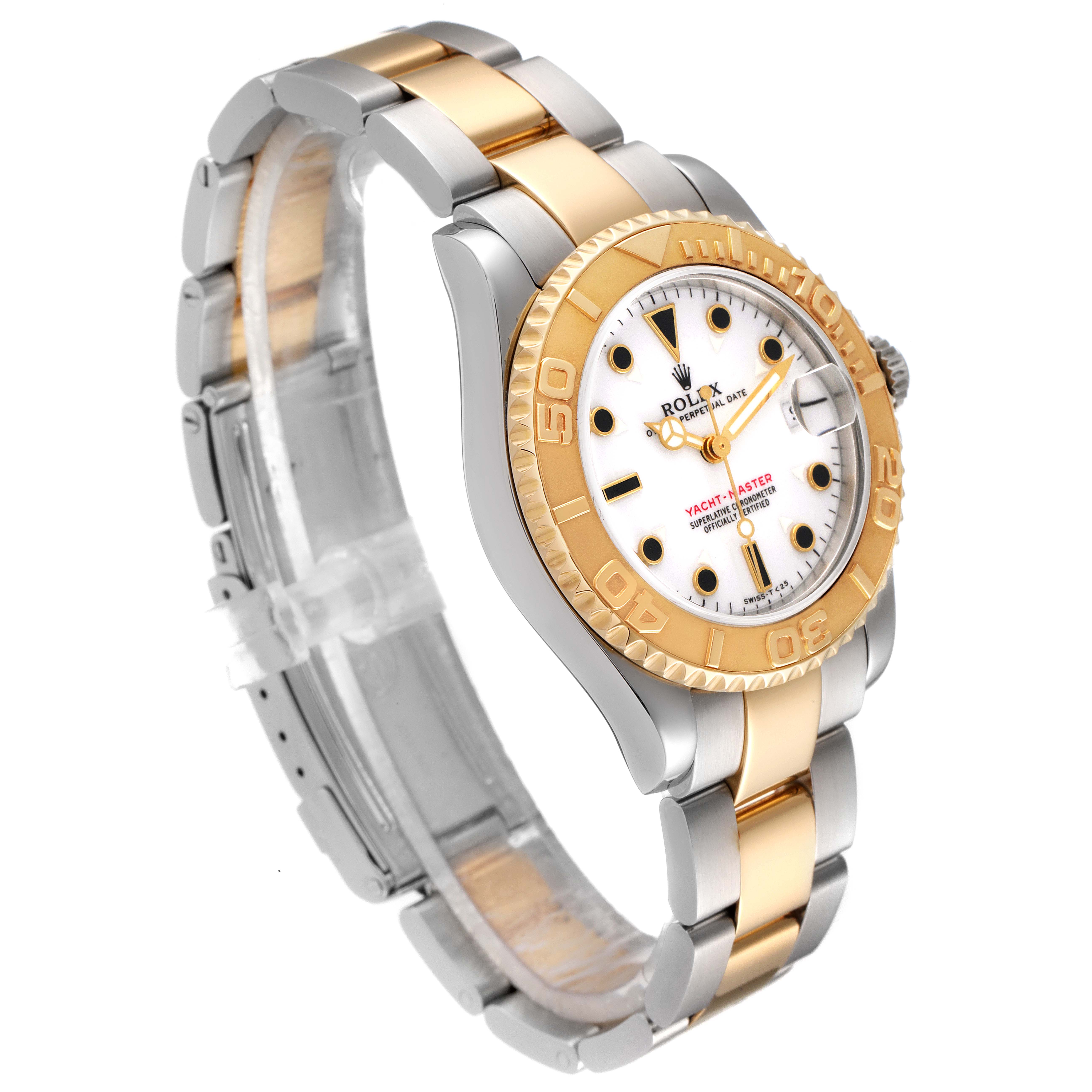 This image shows a Rolex Yacht-Master 68623 Men
s Steel and Gold (two tone) White Dial 68623 Men
s Steel and Gold (two tone) White Dial watch at a three-quarter angle, highlighting the two-tone bracelet and bezel.