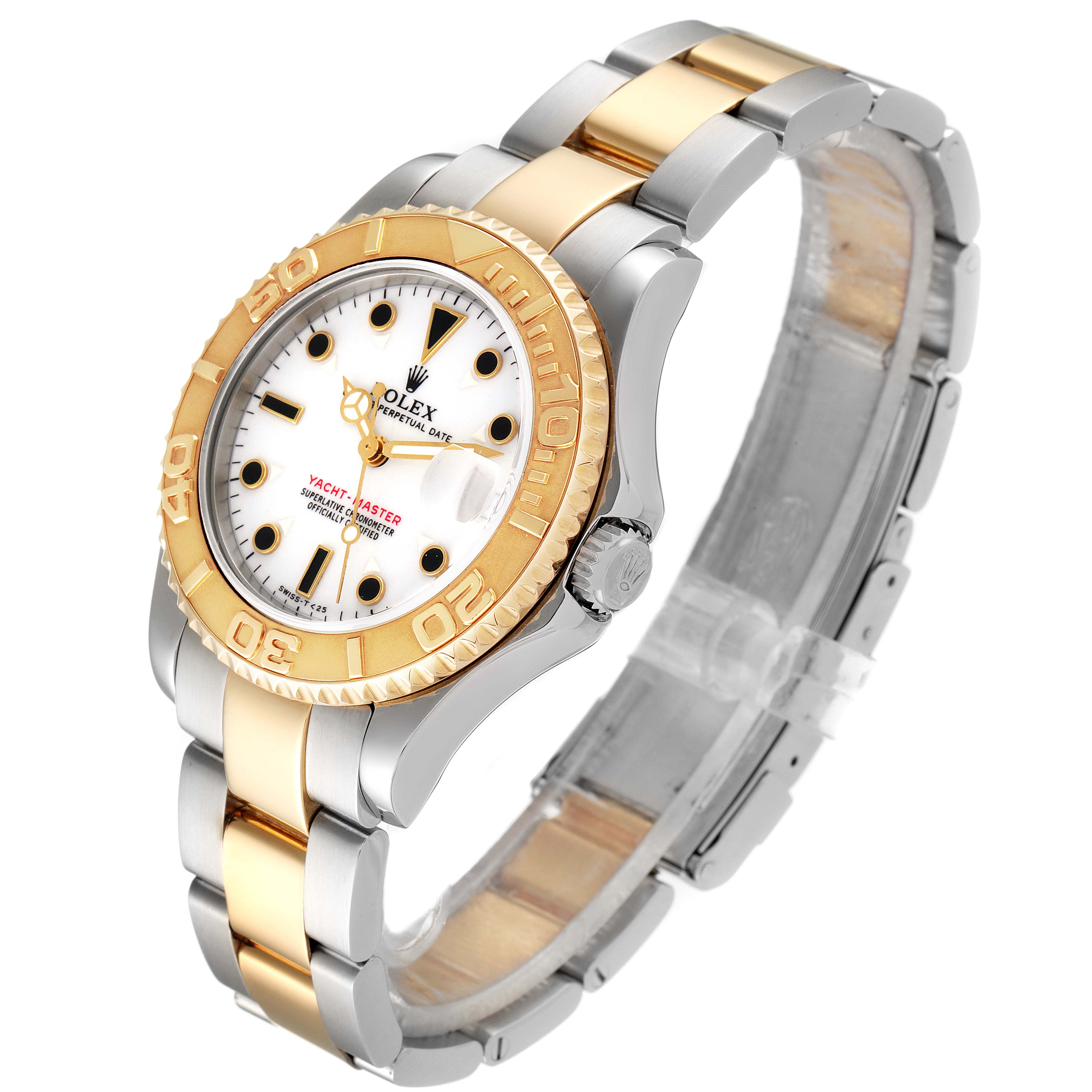 The image shows a Rolex Yacht-Master 68623 Men
s Steel and Gold (two tone) White Dial 68623 Men
s Steel and Gold (two tone) White Dial watch angled to display the face, bezel, and two-tone bracelet.