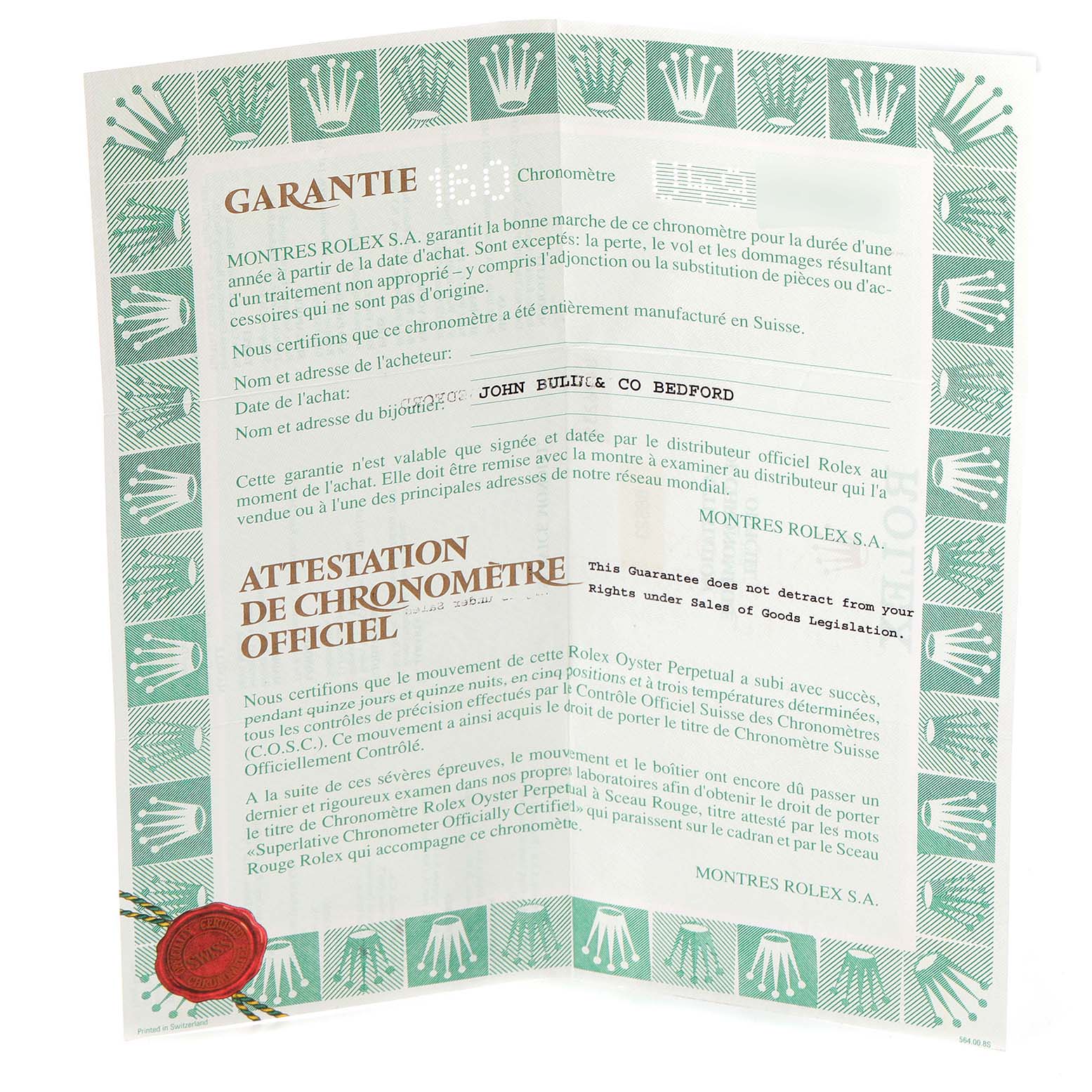 This image shows the warranty document for a Rolex Yacht-Master 68623 Men
s Steel and Gold (two tone) White Dial 68623 Men
s Steel and Gold (two tone) White Dial watch.