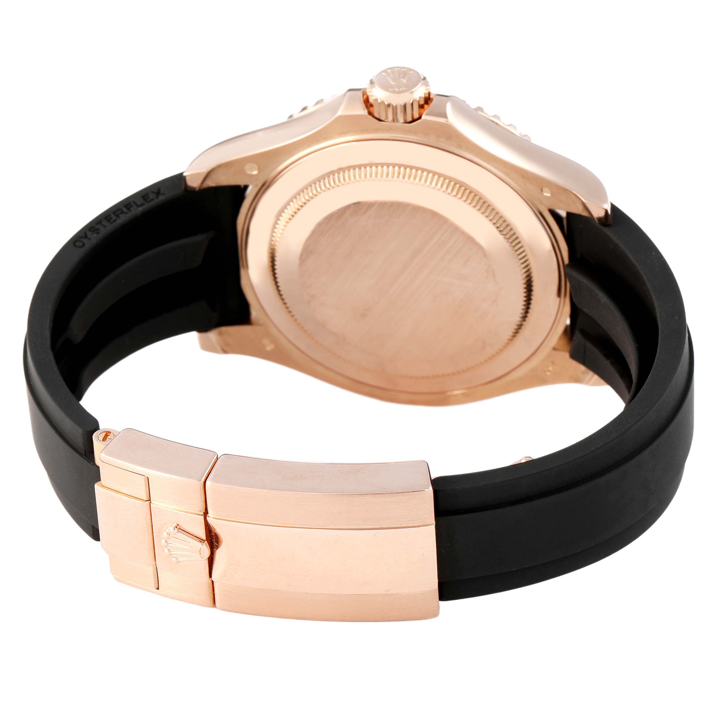 The image shows the back case and clasp of a Rolex Yacht-Master 116655 Men's Rose Gold Black Dial watch at an angle, highlighting the bracelet and crown.