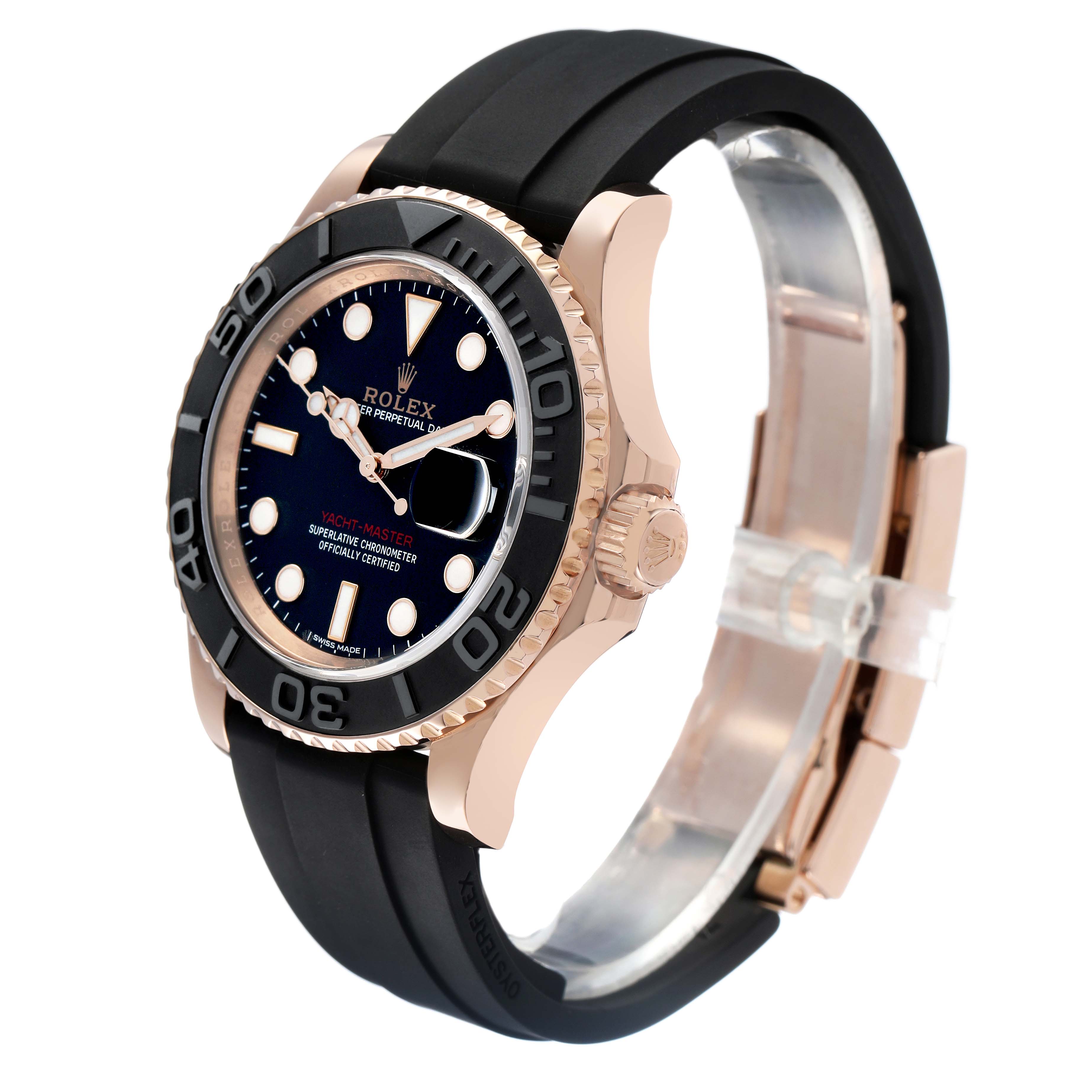 The Rolex Yacht-Master 116655 Men's Rose Gold Black Dial watch is shown from a three-quarter angle, highlighting the face, bezel, crown, and strap.