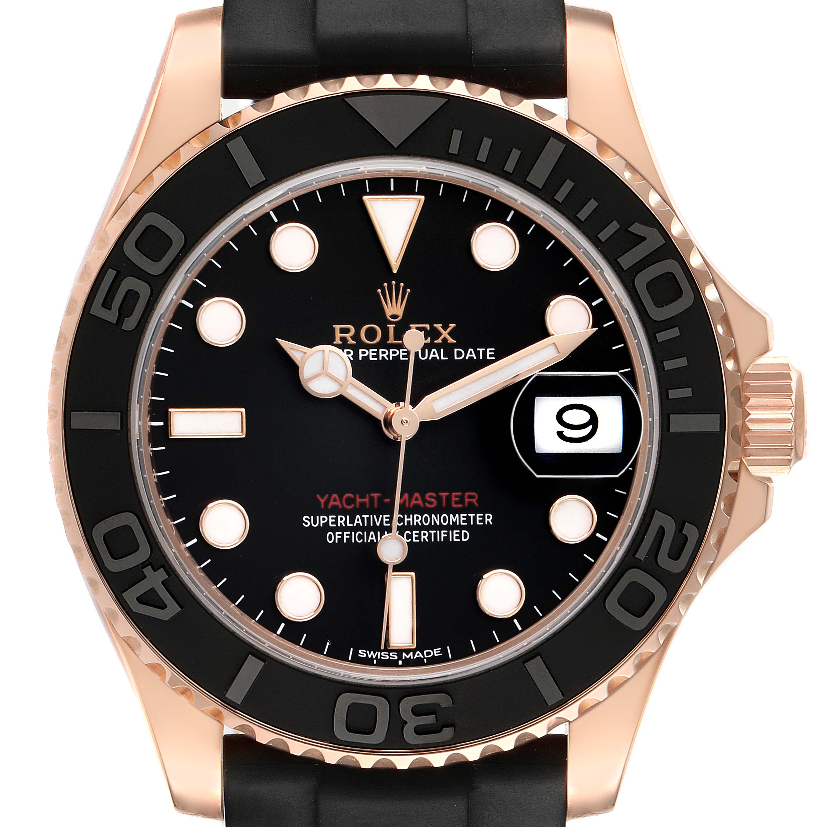 This Rolex Yacht-Master 116655 Men's Rose Gold Black Dial watch is shown from the front, displaying its bezel, dial, crown, and date window.