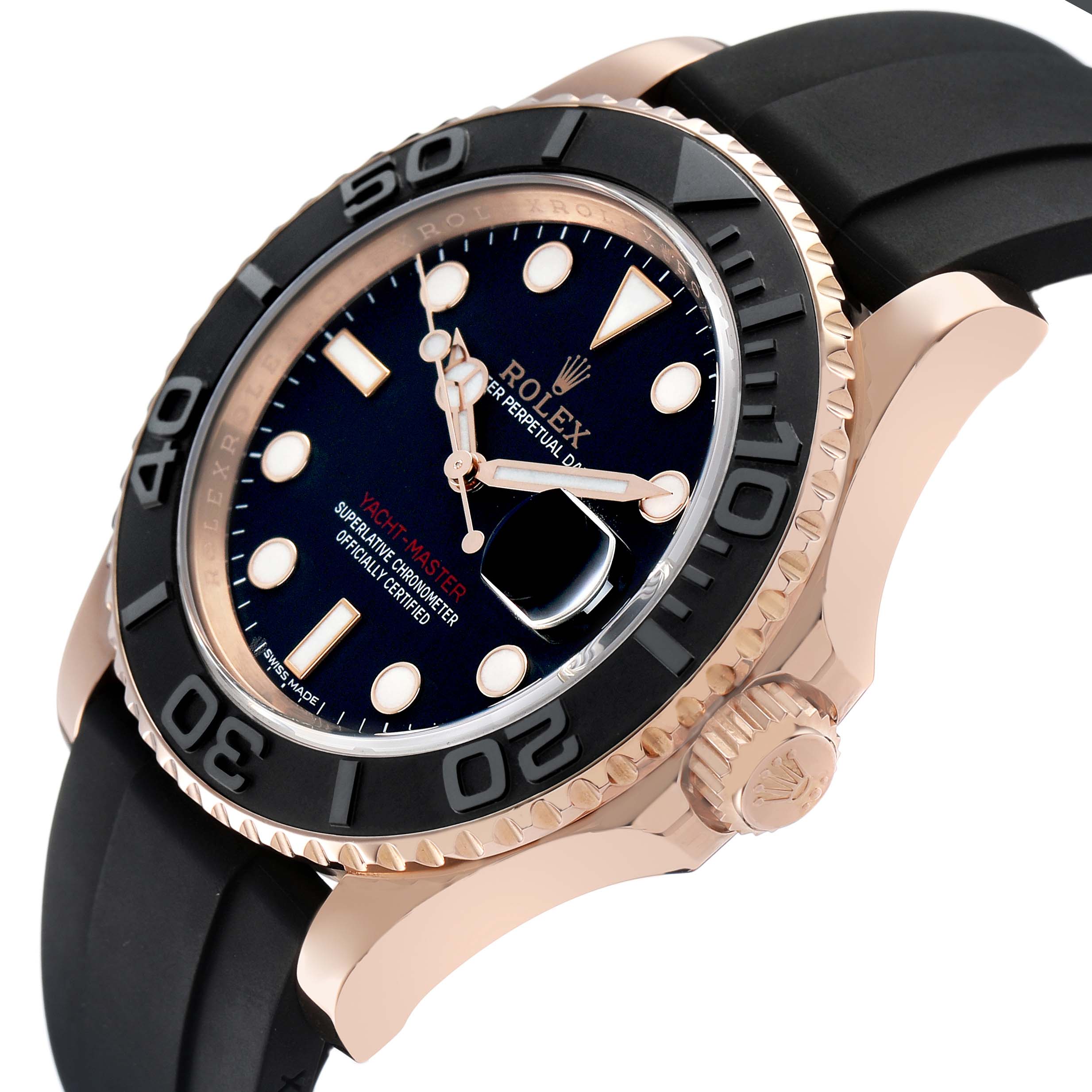 The Rolex Yacht-Master 116655 Men's Rose Gold Black Dial watch is shown at an angle highlighting its black bezel, dial, and crown, with a black strap.