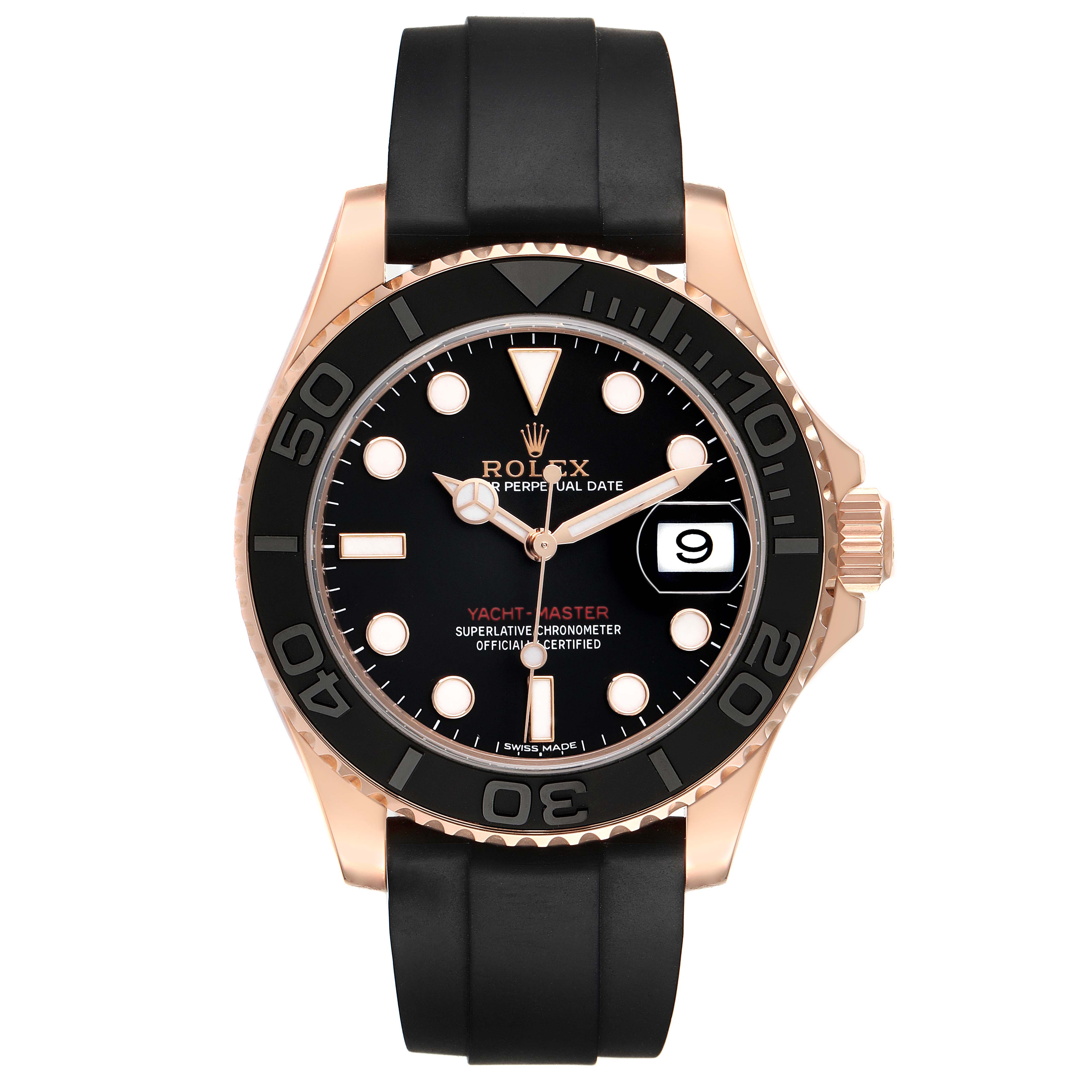 The Rolex Yacht-Master 116655 Men's Rose Gold Black Dial watch is shown from the front, highlighting its black dial, rose gold case, bezel, and rubber strap.
