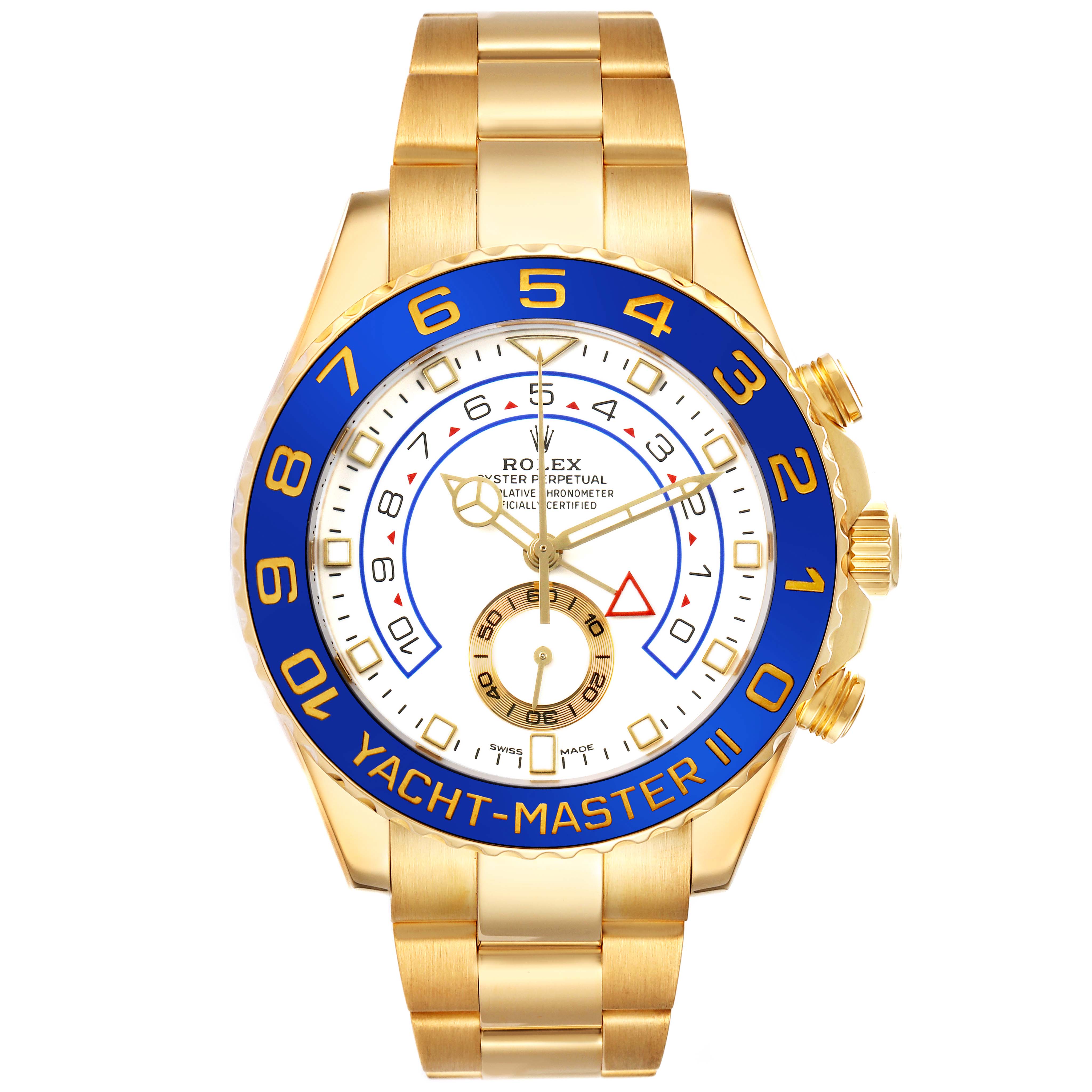 The Rolex Yacht-Master 116688M Men's Yellow Gold White Dial watch is shown from the front, displaying the face, blue bezel, and gold bracelet.