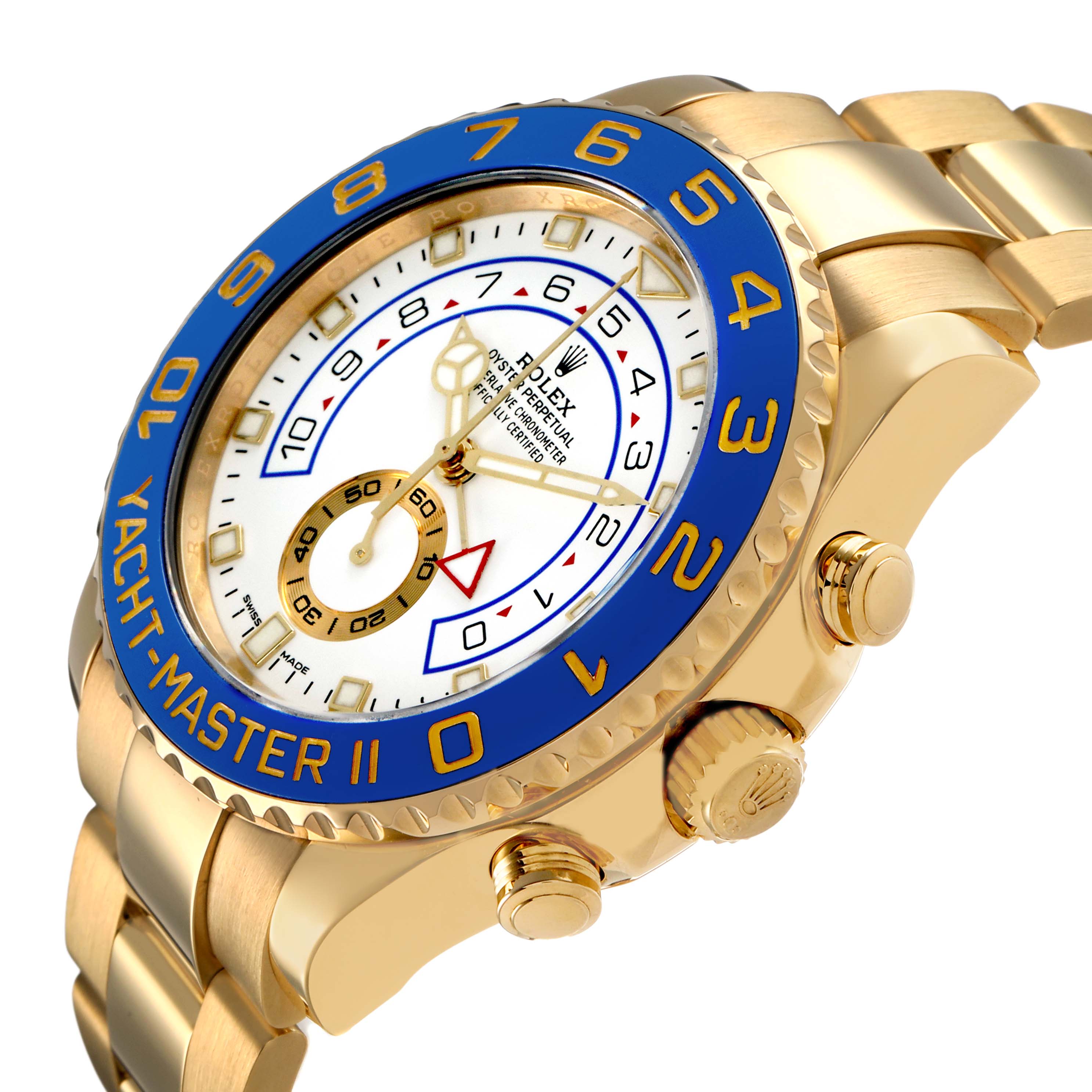 The Rolex Yacht-Master 116688M Men's Yellow Gold White Dial model is shown at a three-quarter angle, highlighting the bezel, crown, and part of the bracelet.