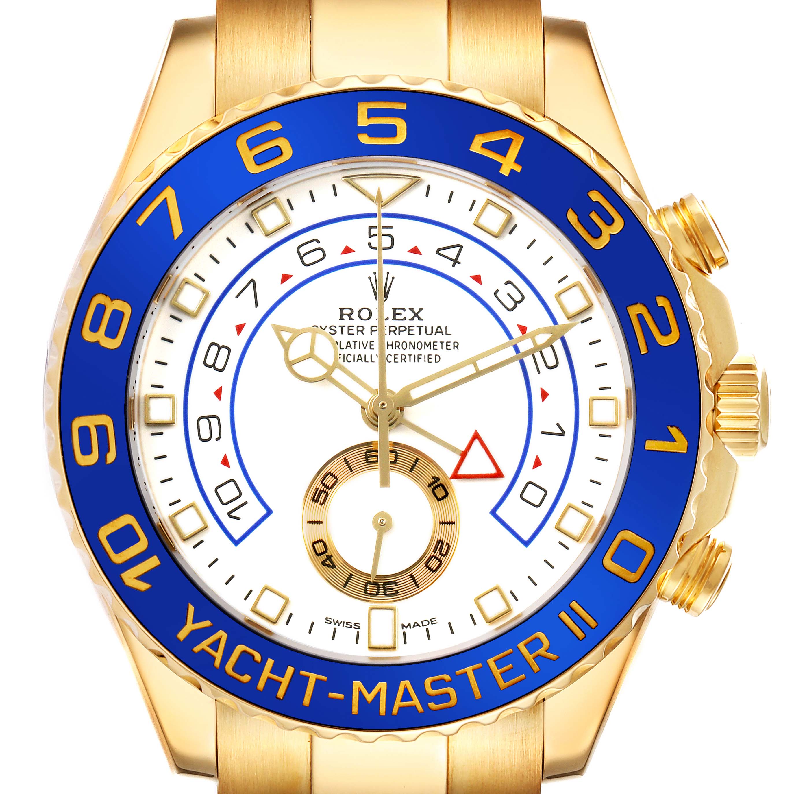 The Rolex Yacht-Master 116688M Men's Yellow Gold White Dial model is shown from the front, highlighting the dial, bezel, and gold case.